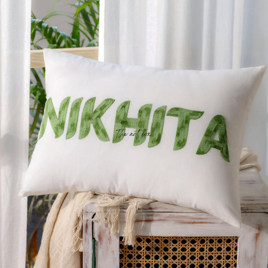 Name-Inspired Decorative White Cotton Pillow Cover - Personalized Pillow Accent