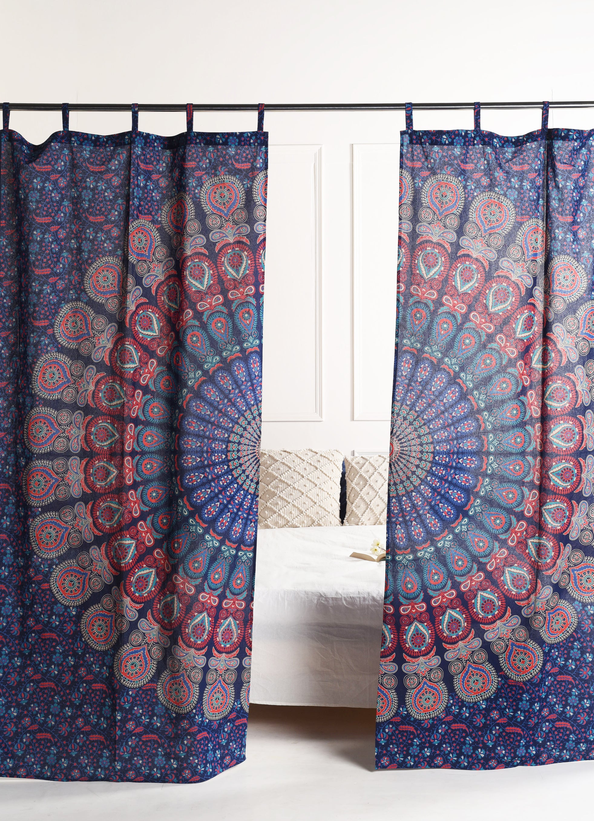 Midnight Blue Peacock Pure Cotton Mandala Curtains - 2 Panel Set