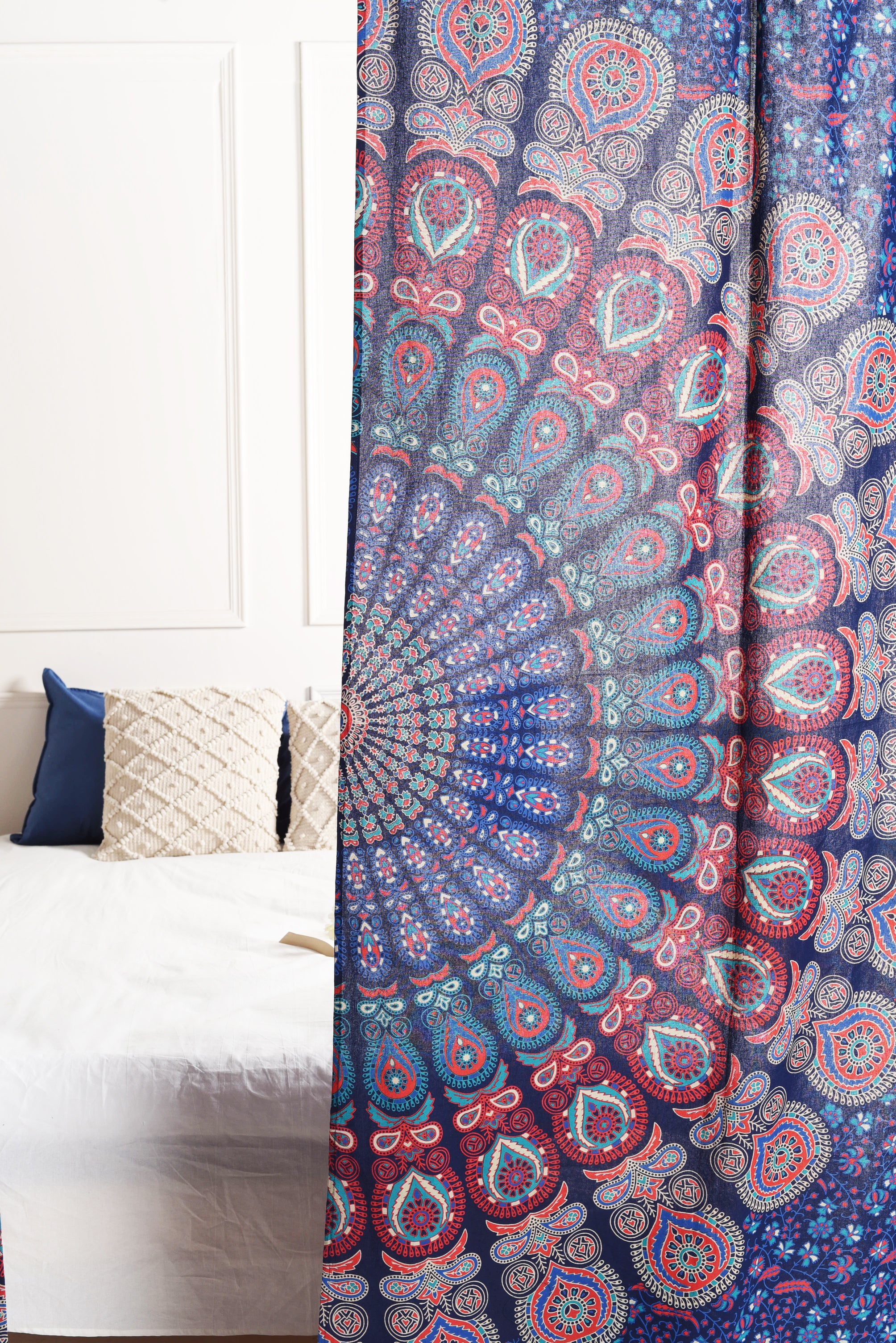 Midnight Blue Peacock Pure Cotton Mandala Curtains - 2 Panel Set