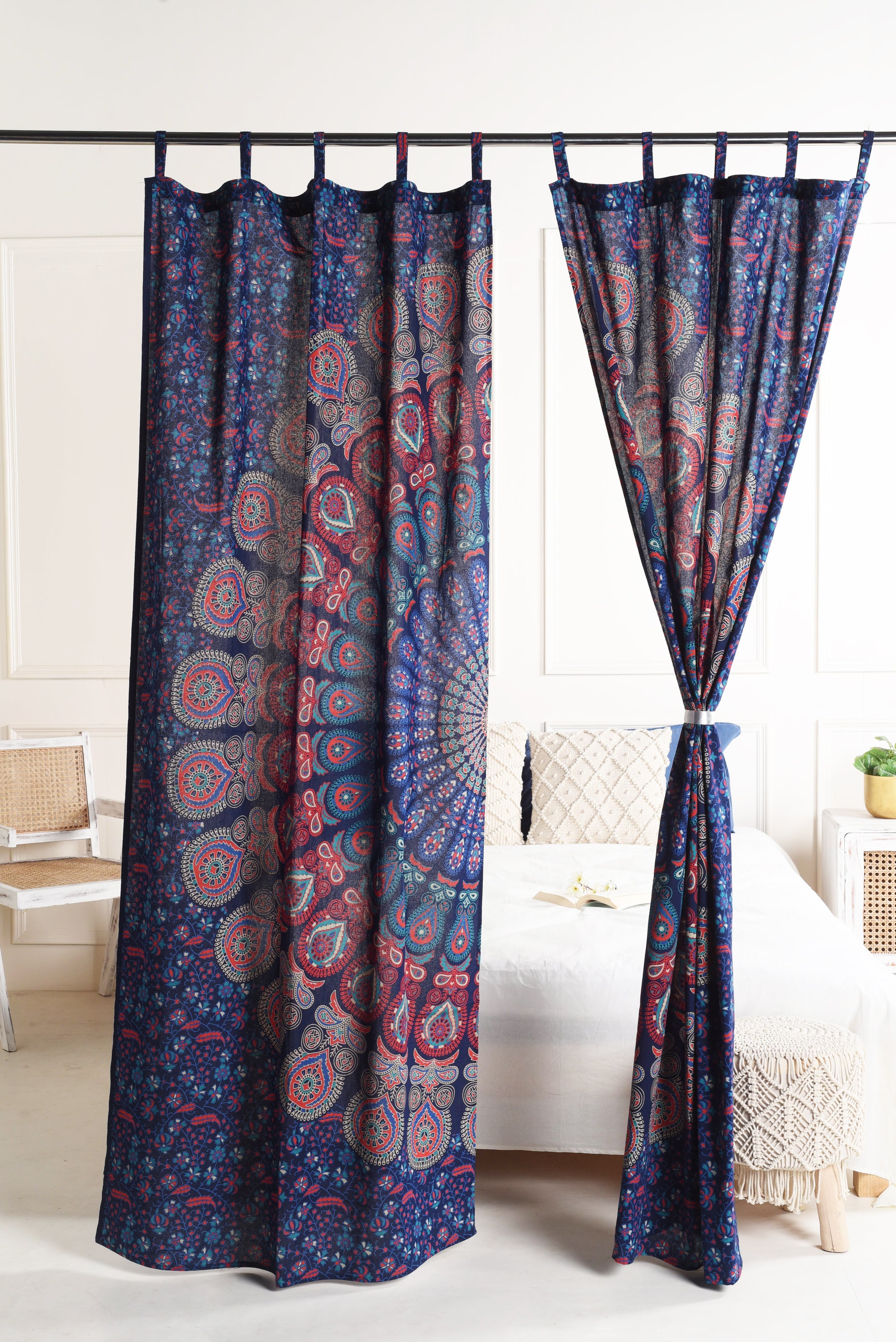 Midnight Blue Peacock Pure Cotton Mandala Curtains - 2 Panel Set