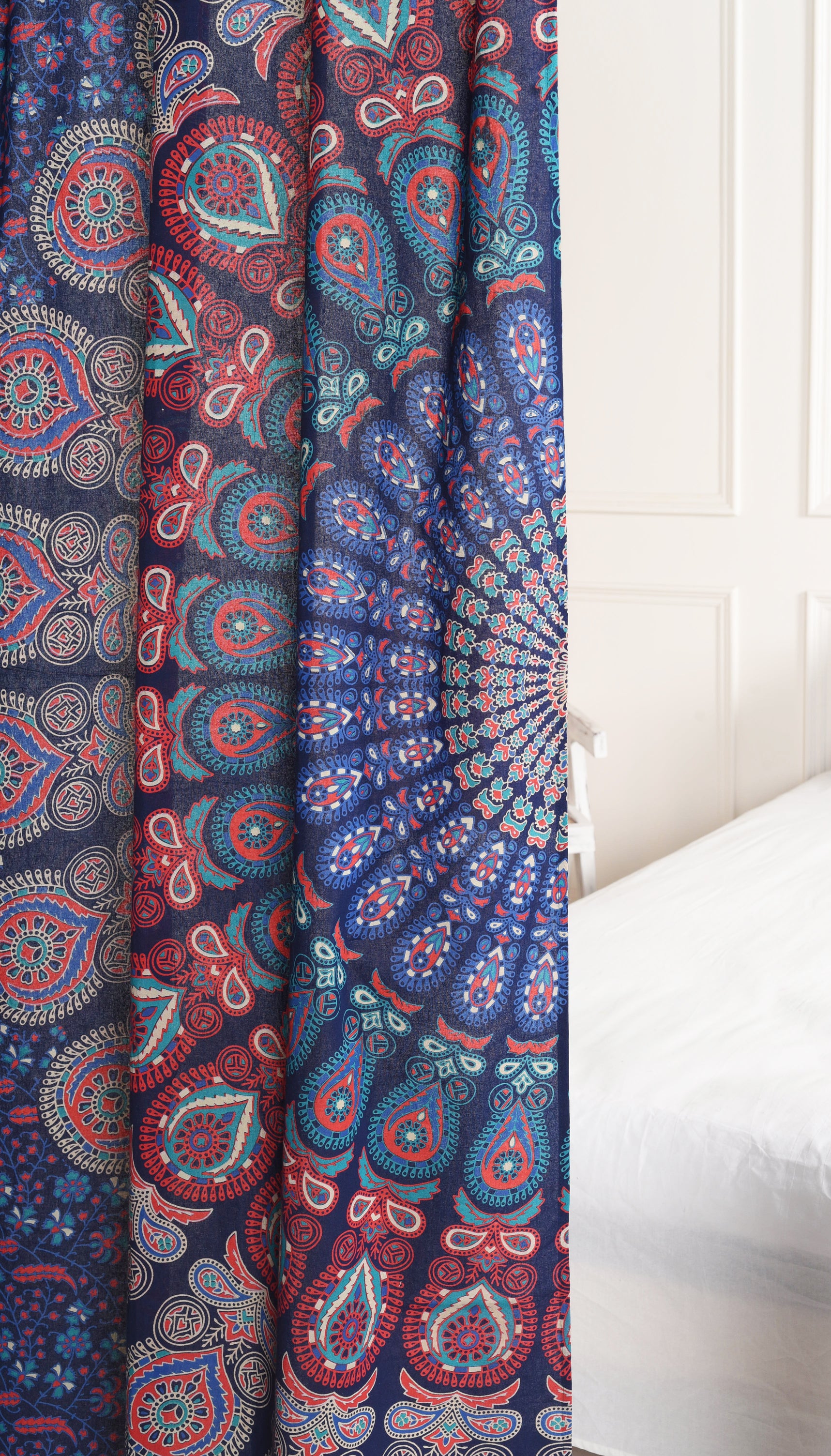 Midnight Blue Peacock Pure Cotton Mandala Curtains - 2 Panel Set