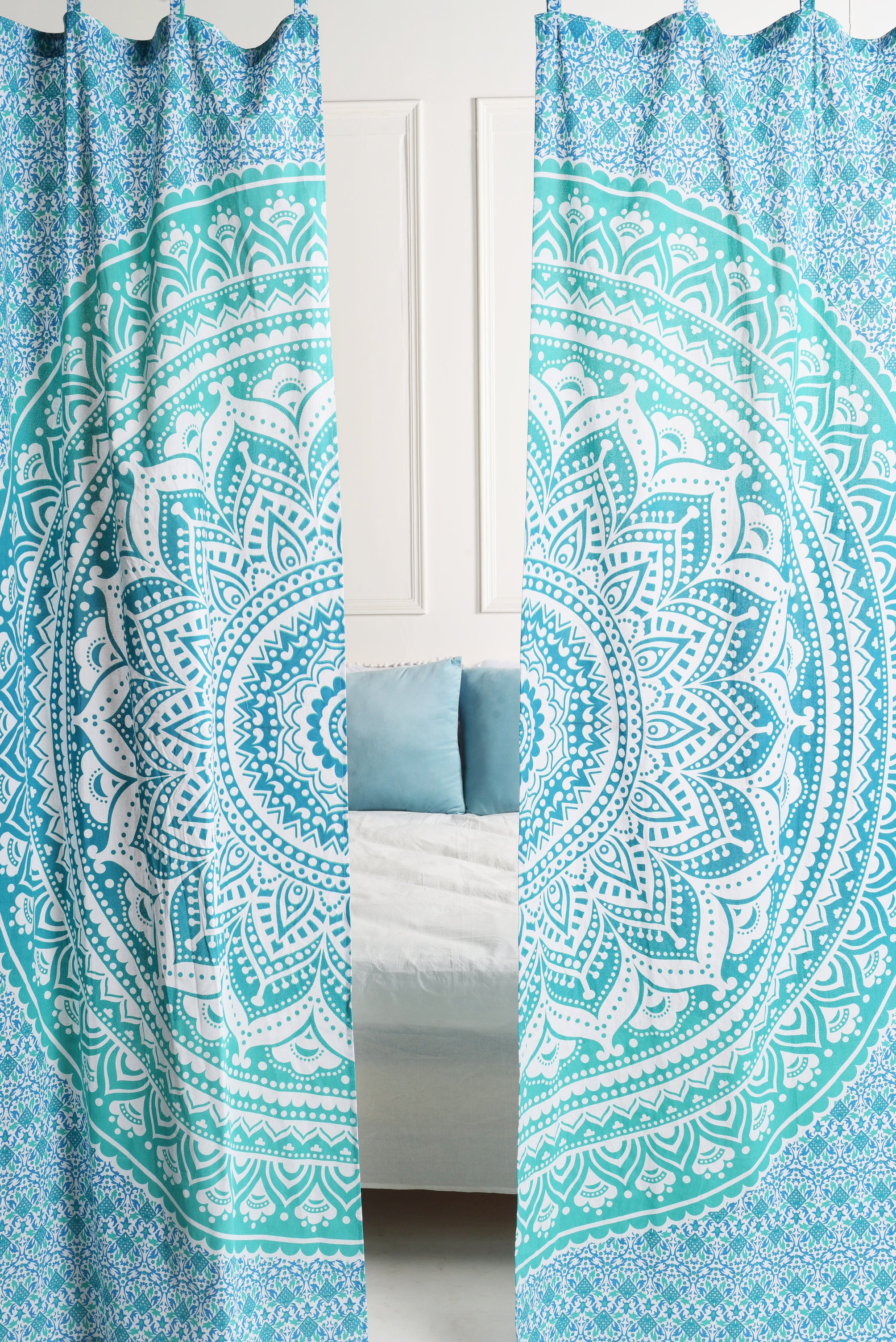 Turquoise Blue Lotus Pure Cotton Mandala Curtains - 2 Panel Set