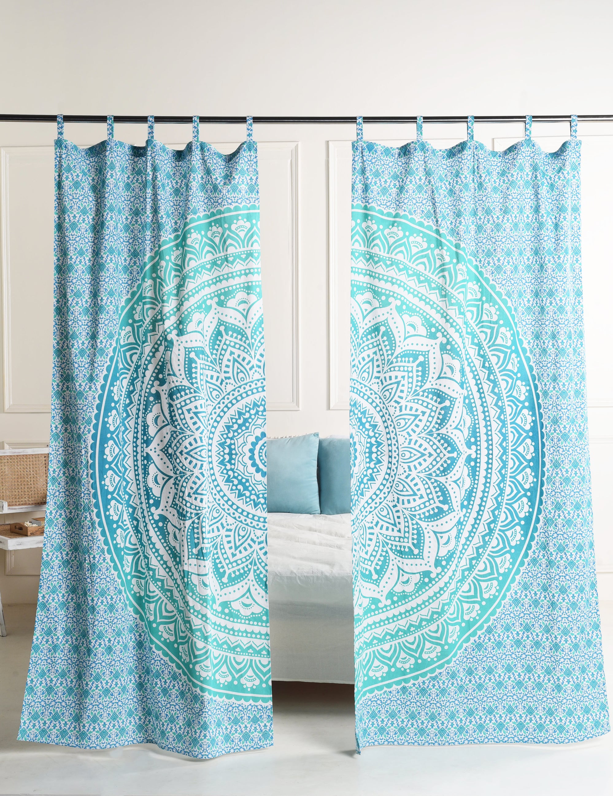 Turquoise Blue Lotus Pure Cotton Mandala Curtains - 2 Panel Set