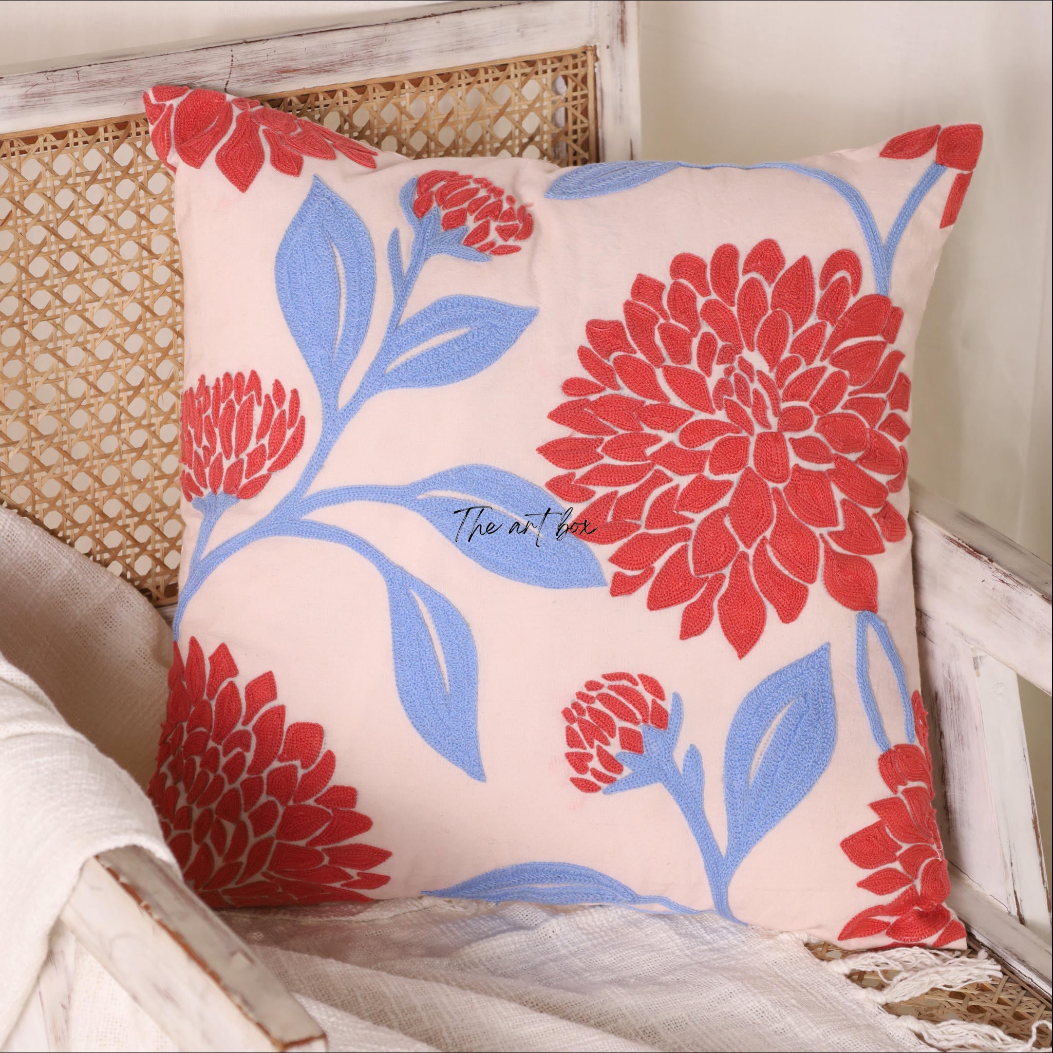 Garden Serenity: Embroidered Floral Cushion Cover