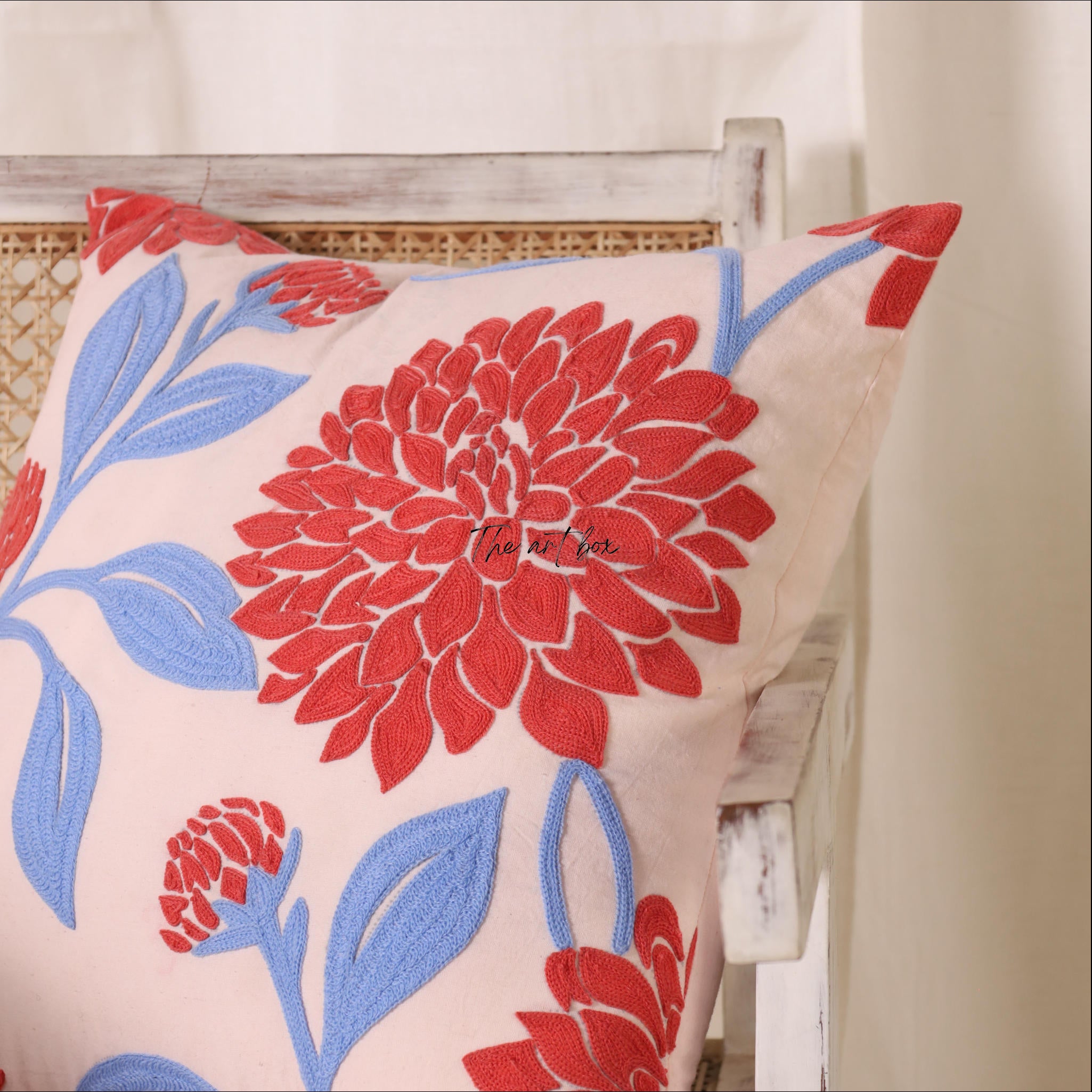 Garden Serenity: Embroidered Floral Cushion Cover