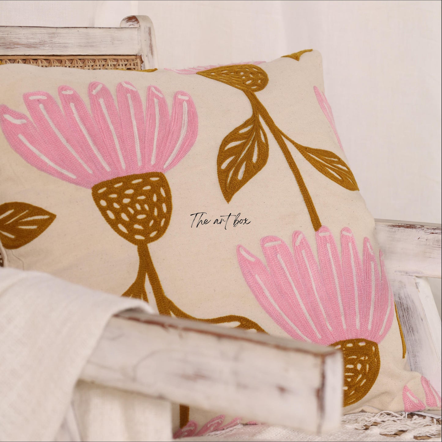 Floral Harmony Embroidered Flower Decorative Pillow Cover