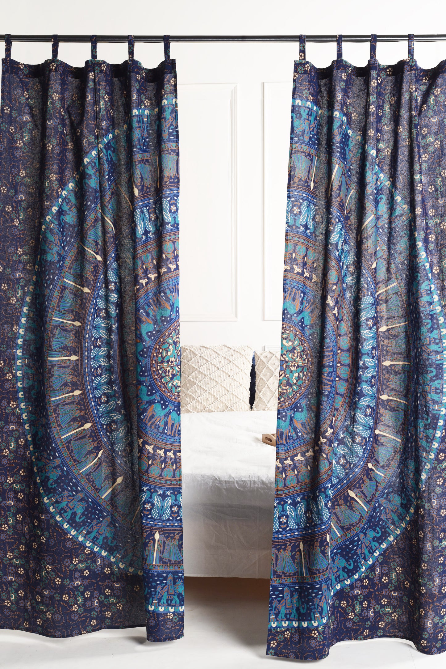 Bright Blue Camel Pure Cotton Mandala Curtains - 2 Panel Set