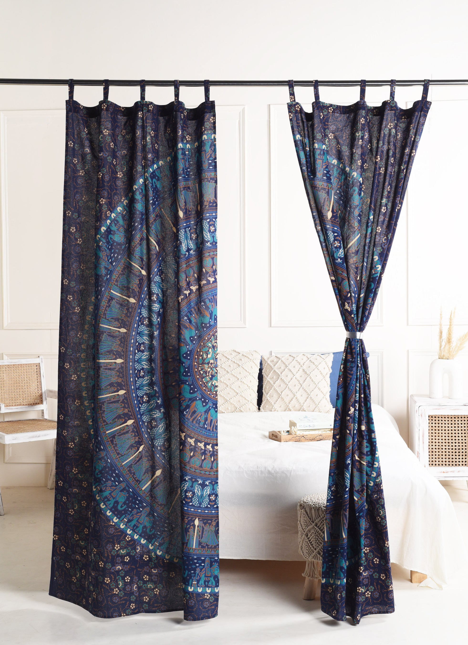 Bright Blue Camel Pure Cotton Mandala Curtains - 2 Panel Set