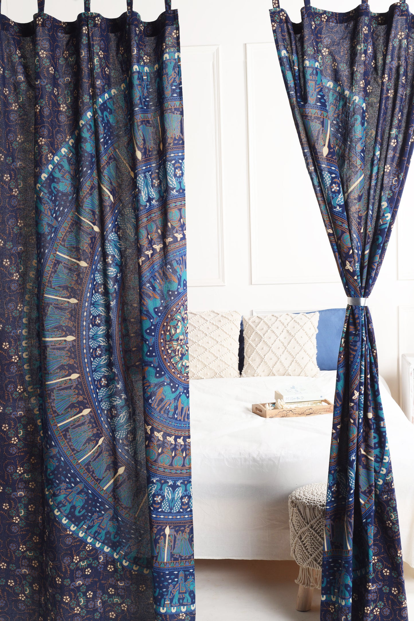 Bright Blue Camel Pure Cotton Mandala Curtains - 2 Panel Set
