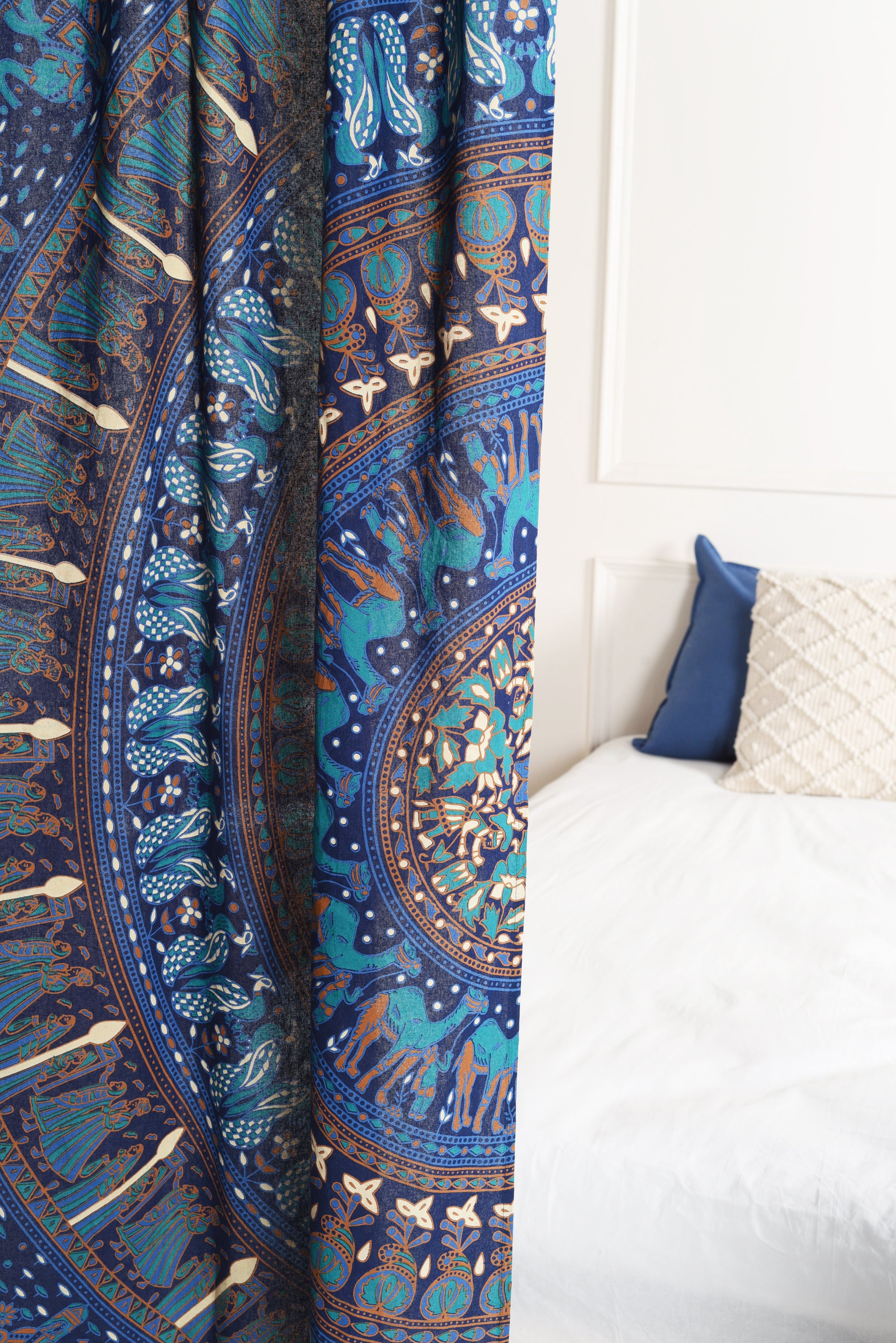 Bright Blue Camel Pure Cotton Mandala Curtains - 2 Panel Set