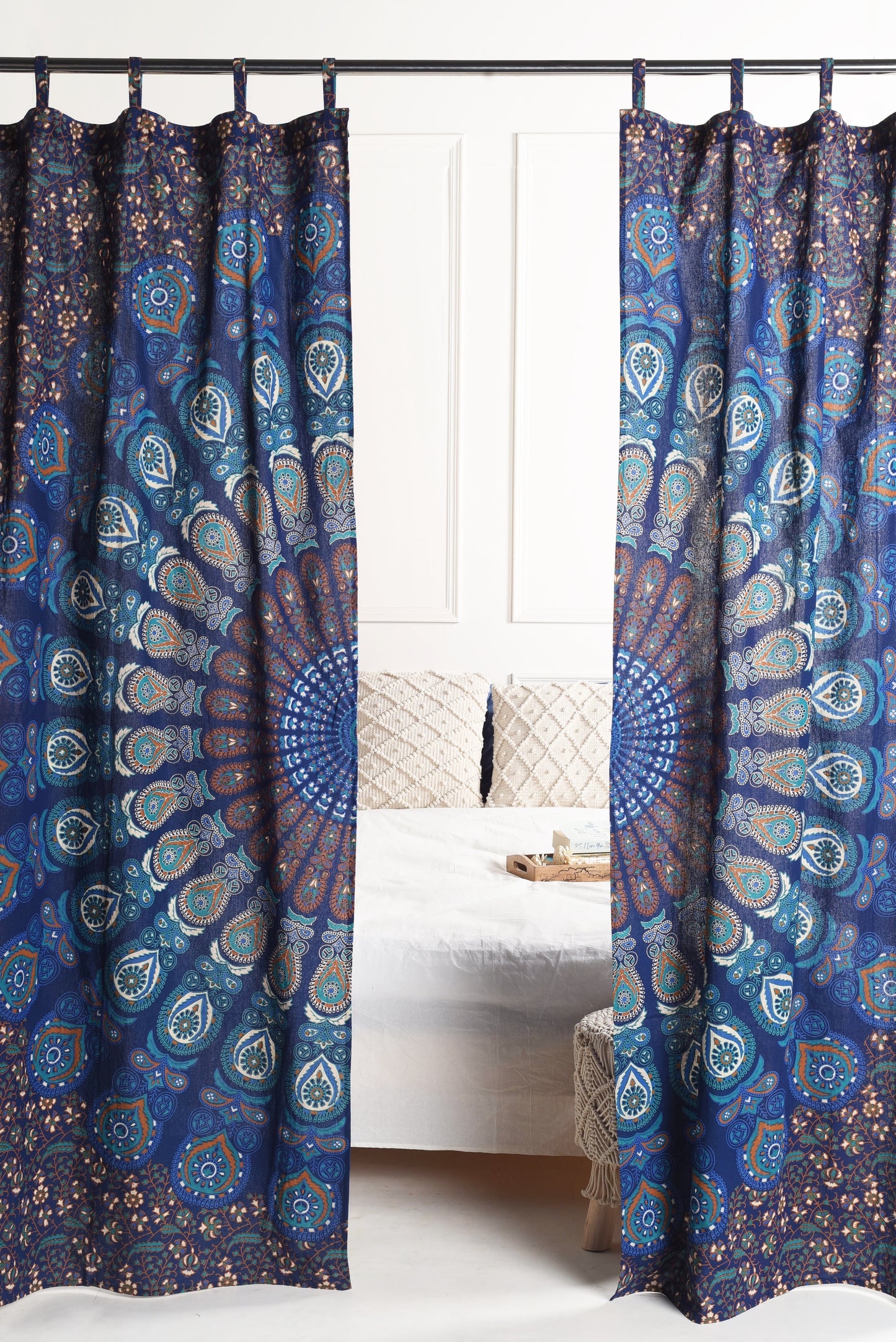 Bright Blue Peacock Pure Cotton Mandala Curtains - 2 Panel Set
