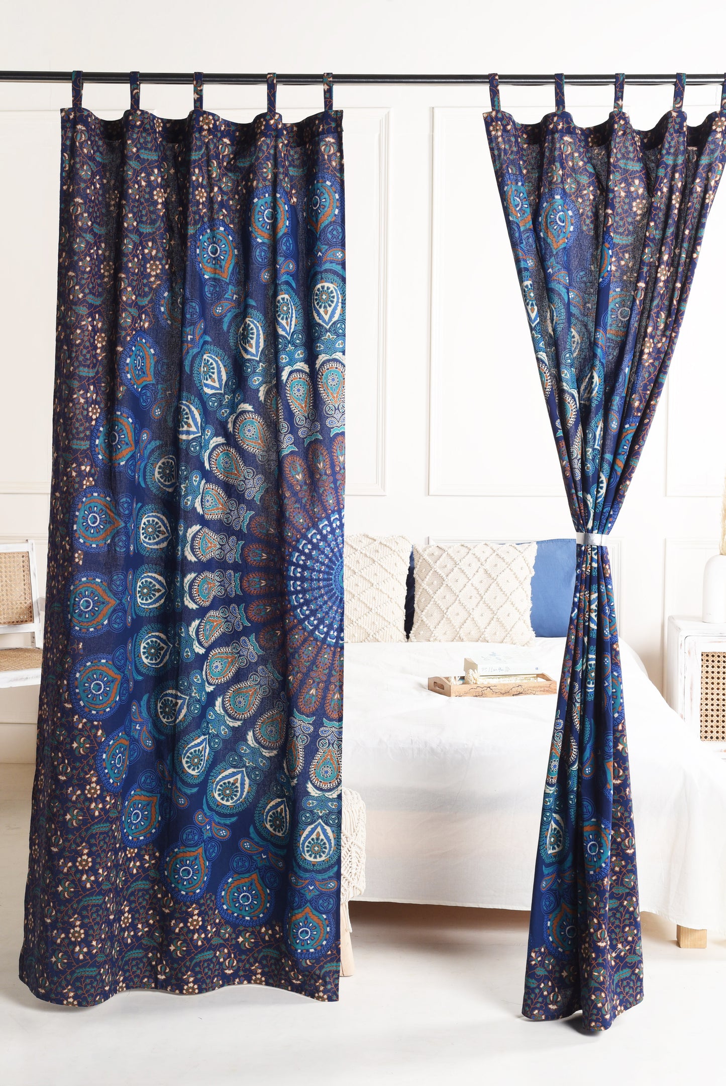 Bright Blue Peacock Pure Cotton Mandala Curtains - 2 Panel Set