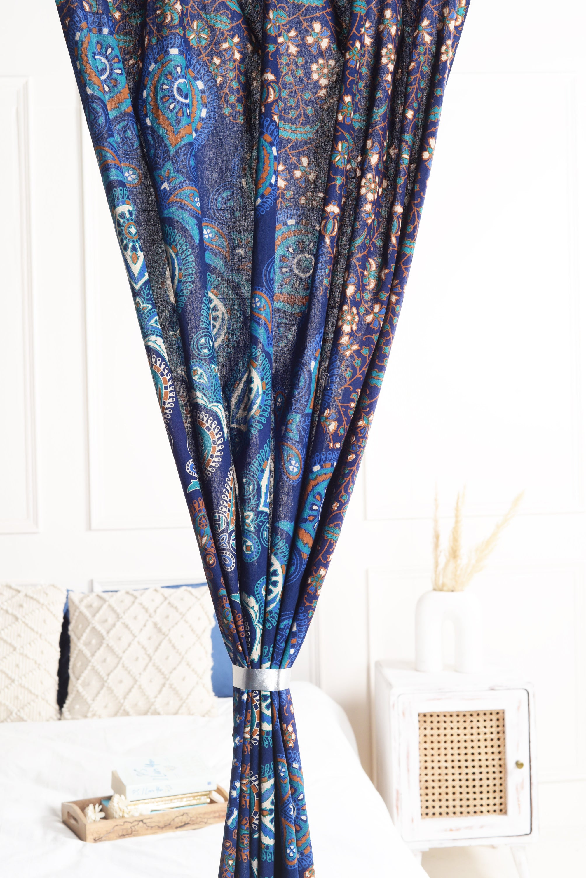 Bright Blue Peacock Pure Cotton Mandala Curtains - 2 Panel Set