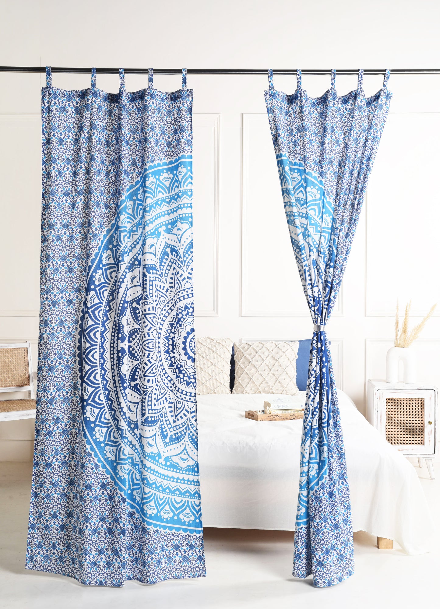 Sea Blue Lotus Pure Cotton Mandala Curtains - 2 Panel Set