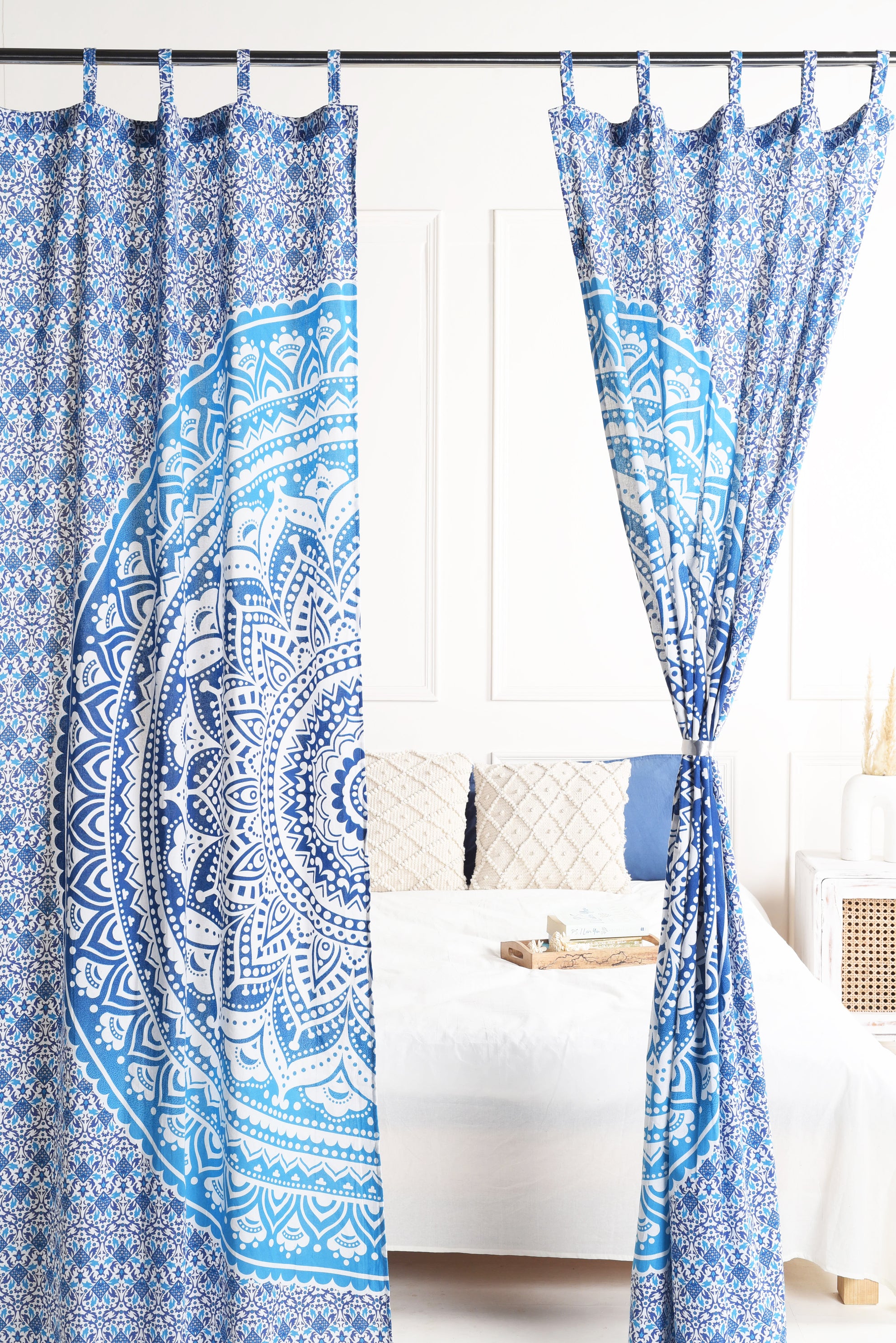 Sea Blue Lotus Pure Cotton Mandala Curtains - 2 Panel Set