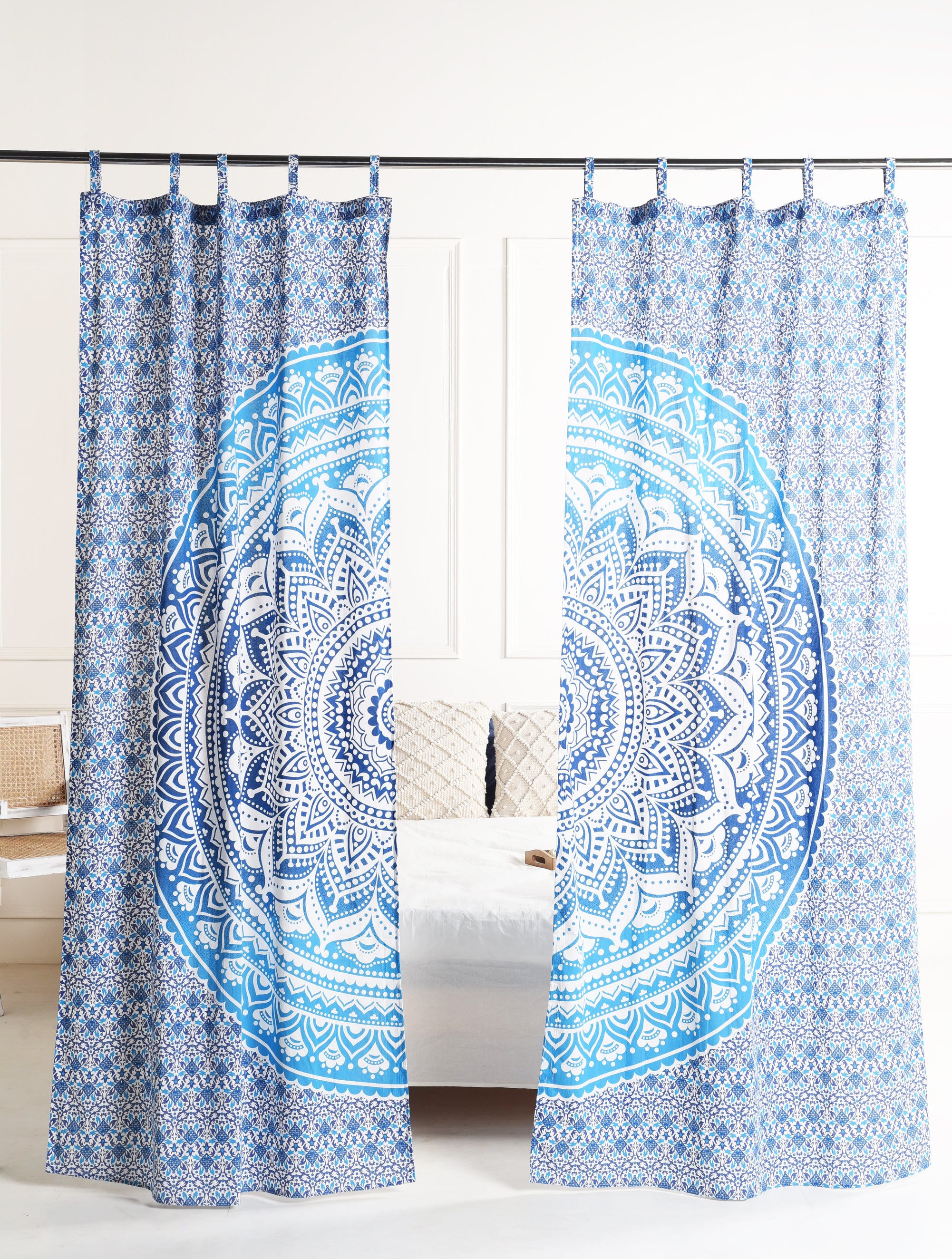 Sea Blue Lotus Pure Cotton Mandala Curtains - 2 Panel Set