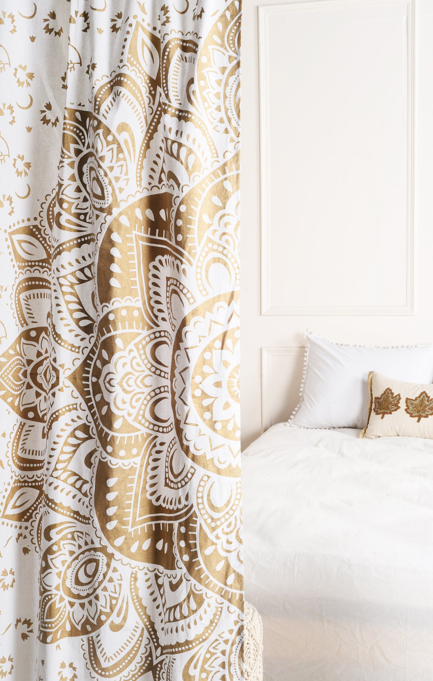 White and Gold Lotus Pure Cotton Mandala Curtains - 2 Panel Set