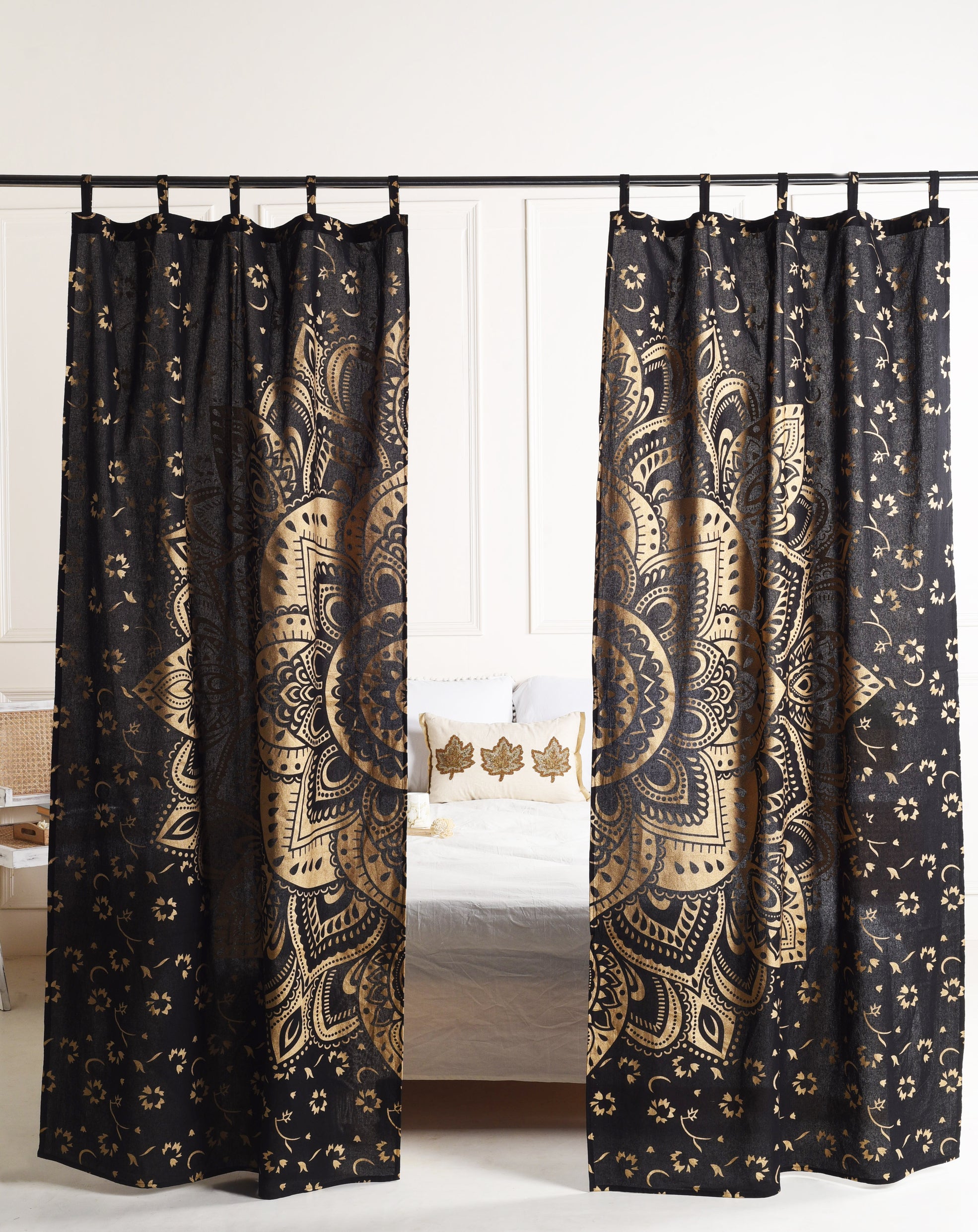 Black and Gold Lotus Pure Cotton Mandala Curtains - 2 Panel Set