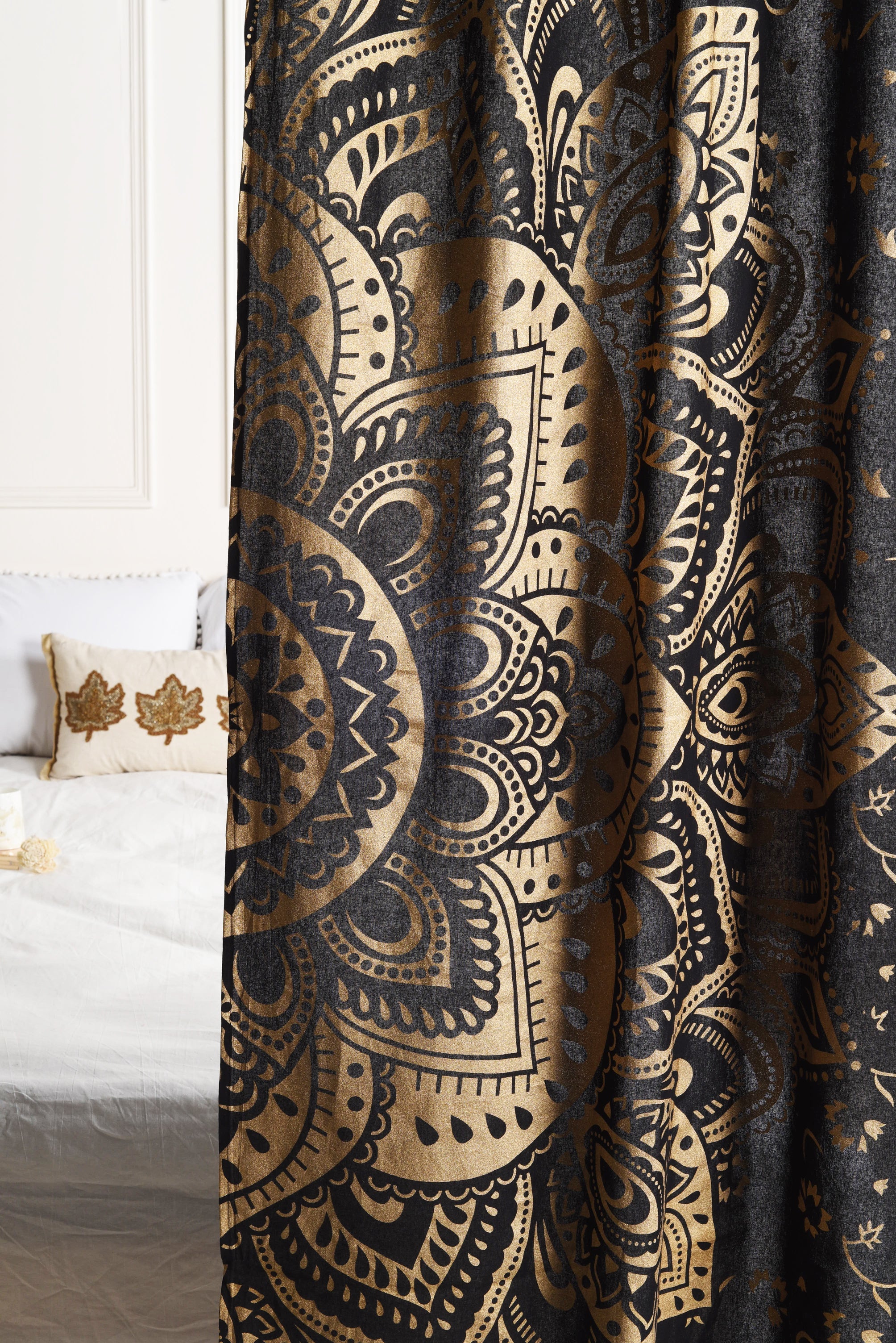 Black and Gold Lotus Pure Cotton Mandala Curtains - 2 Panel Set