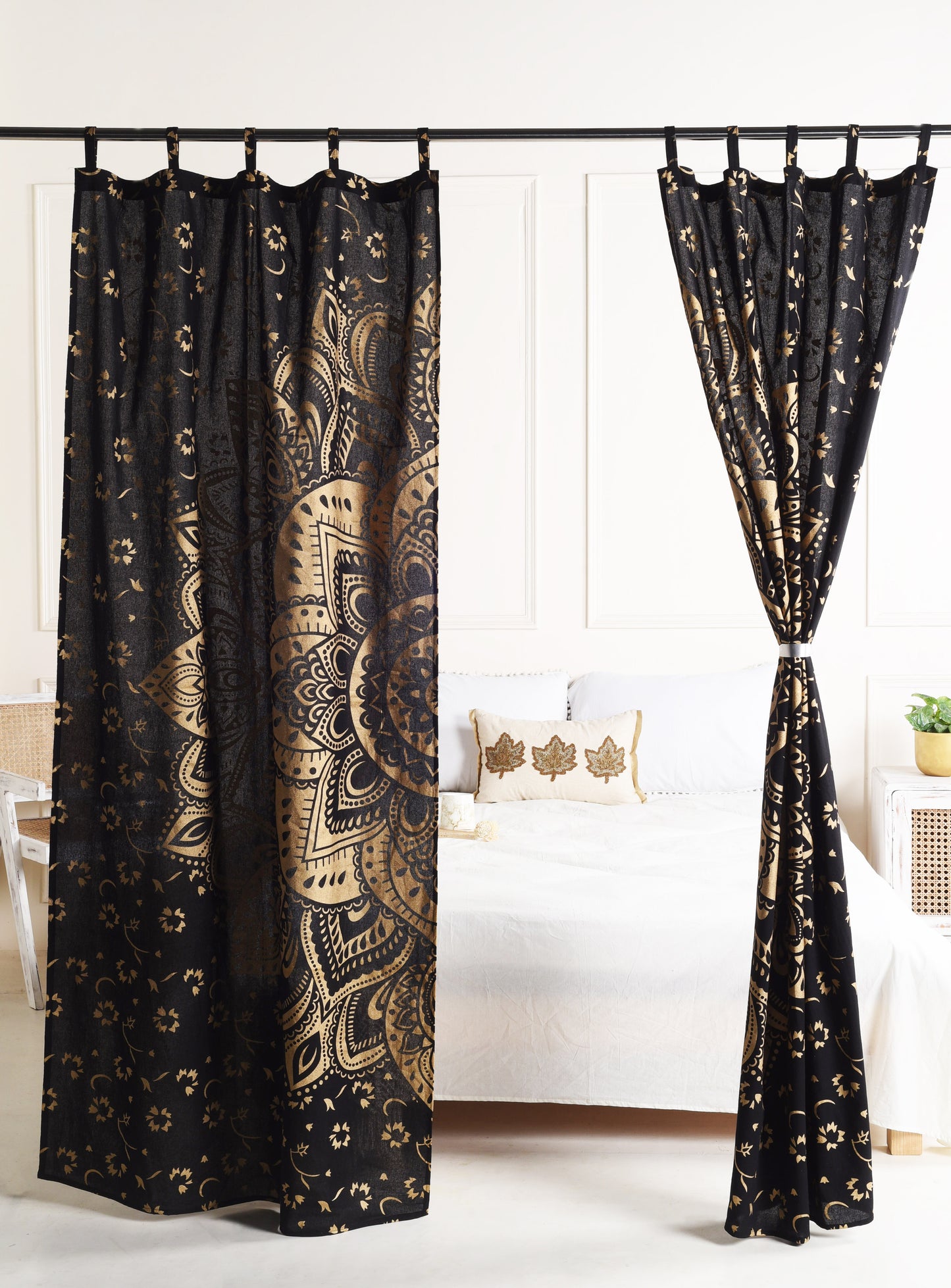 Black and Gold Lotus Pure Cotton Mandala Curtains - 2 Panel Set