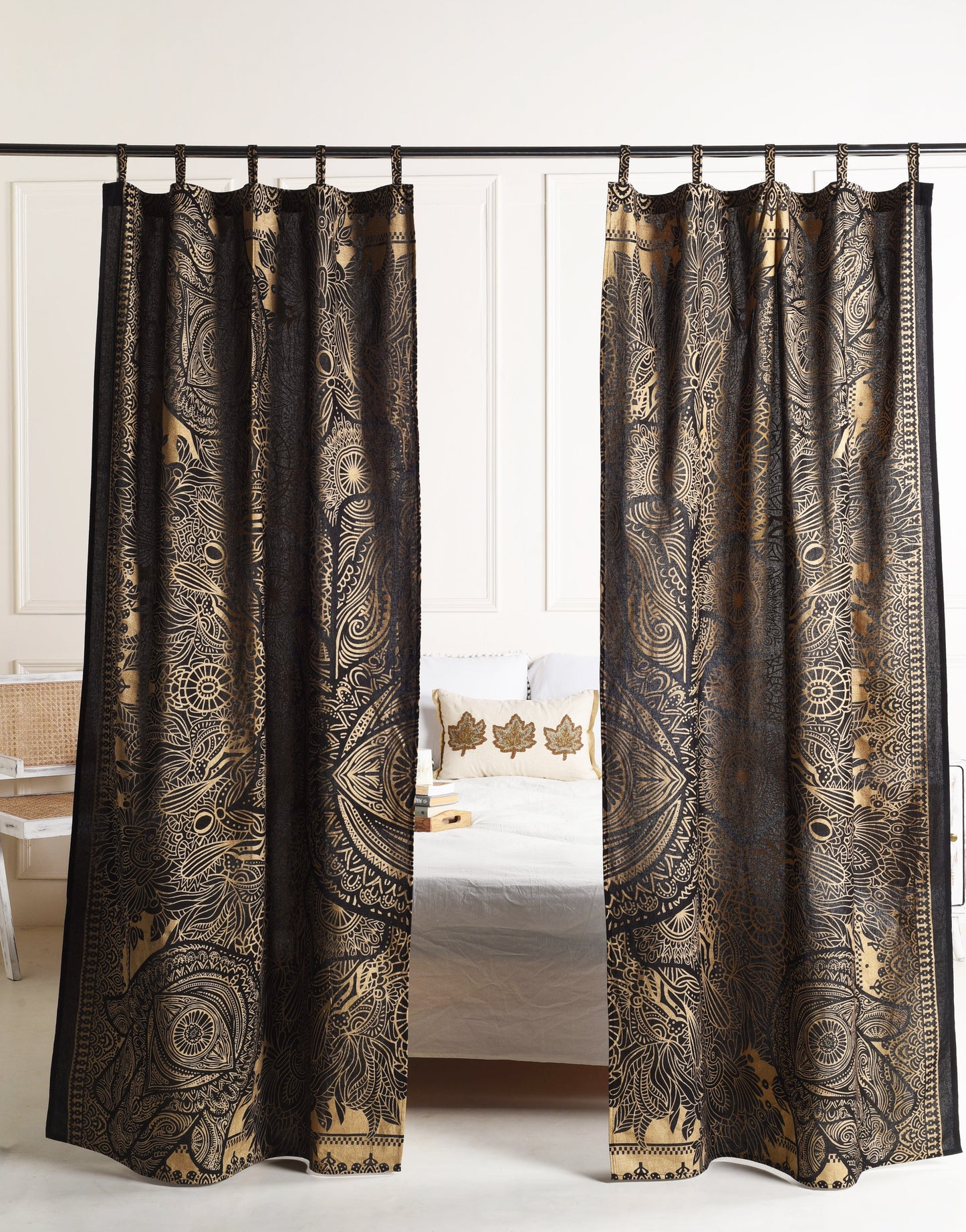 Black and Gold Abstract Pure Cotton Mandala Curtains - 2 Panel Set