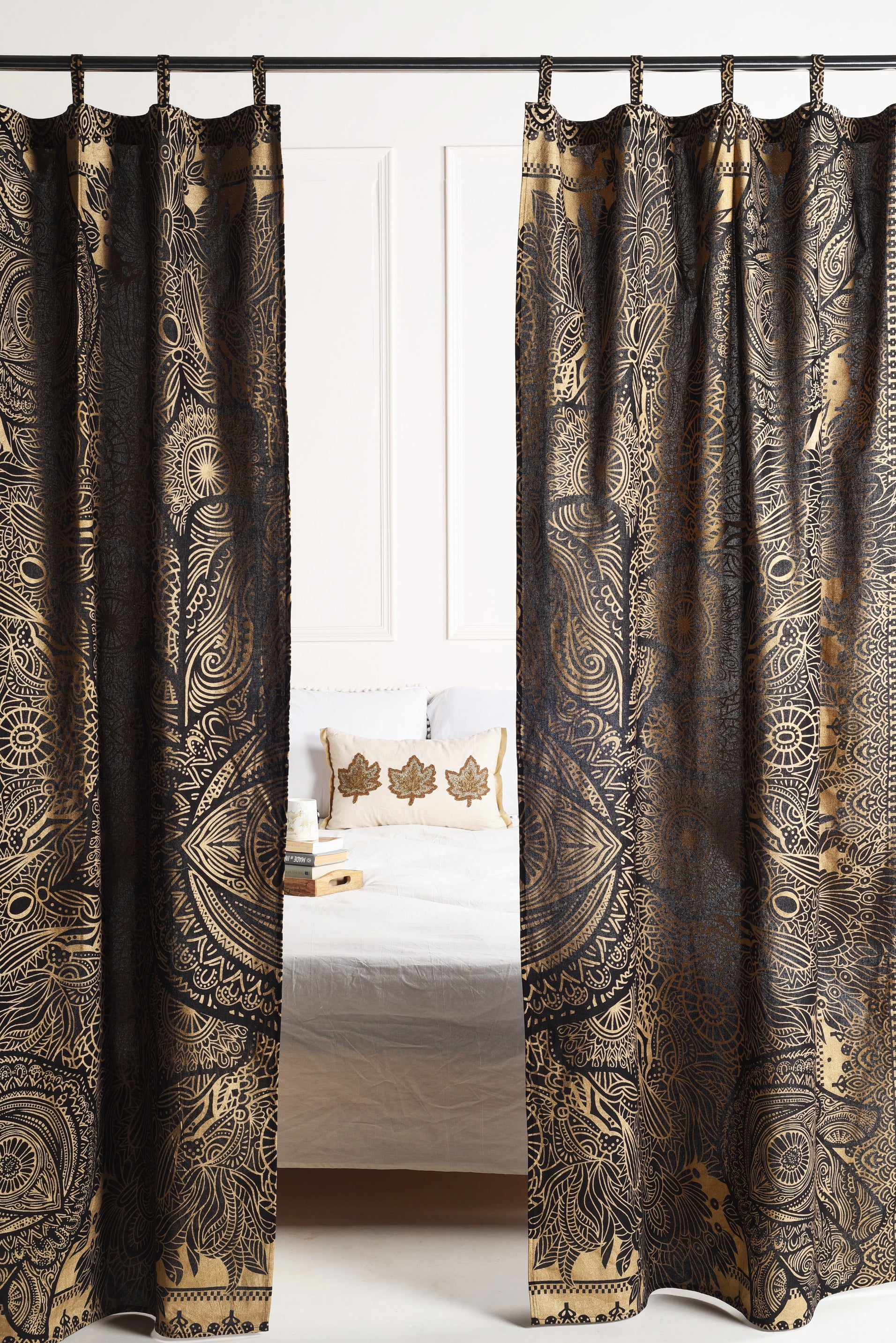 Black and Gold Abstract Pure Cotton Mandala Curtains - 2 Panel Set