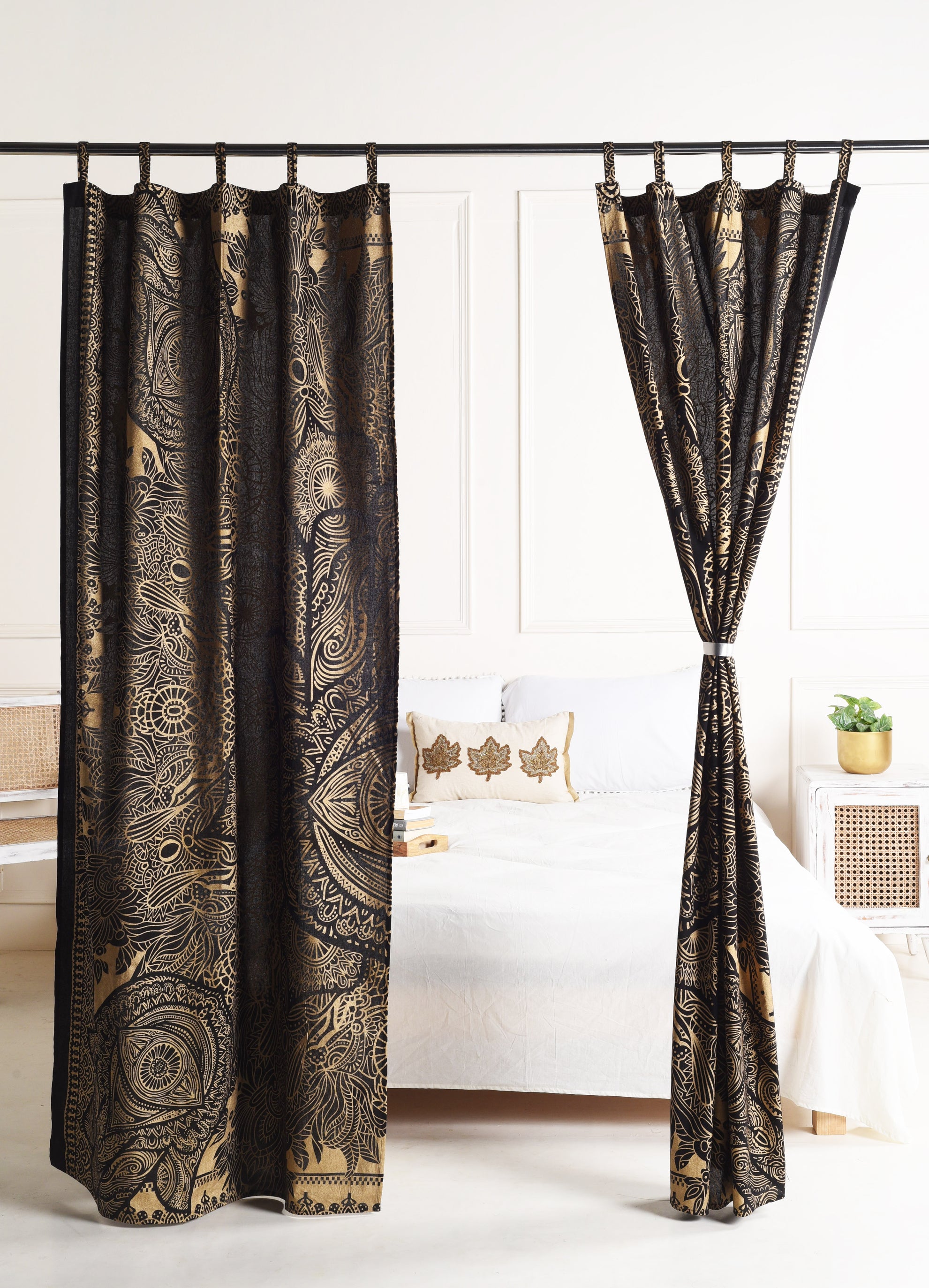 Black and Gold Abstract Pure Cotton Mandala Curtains - 2 Panel Set