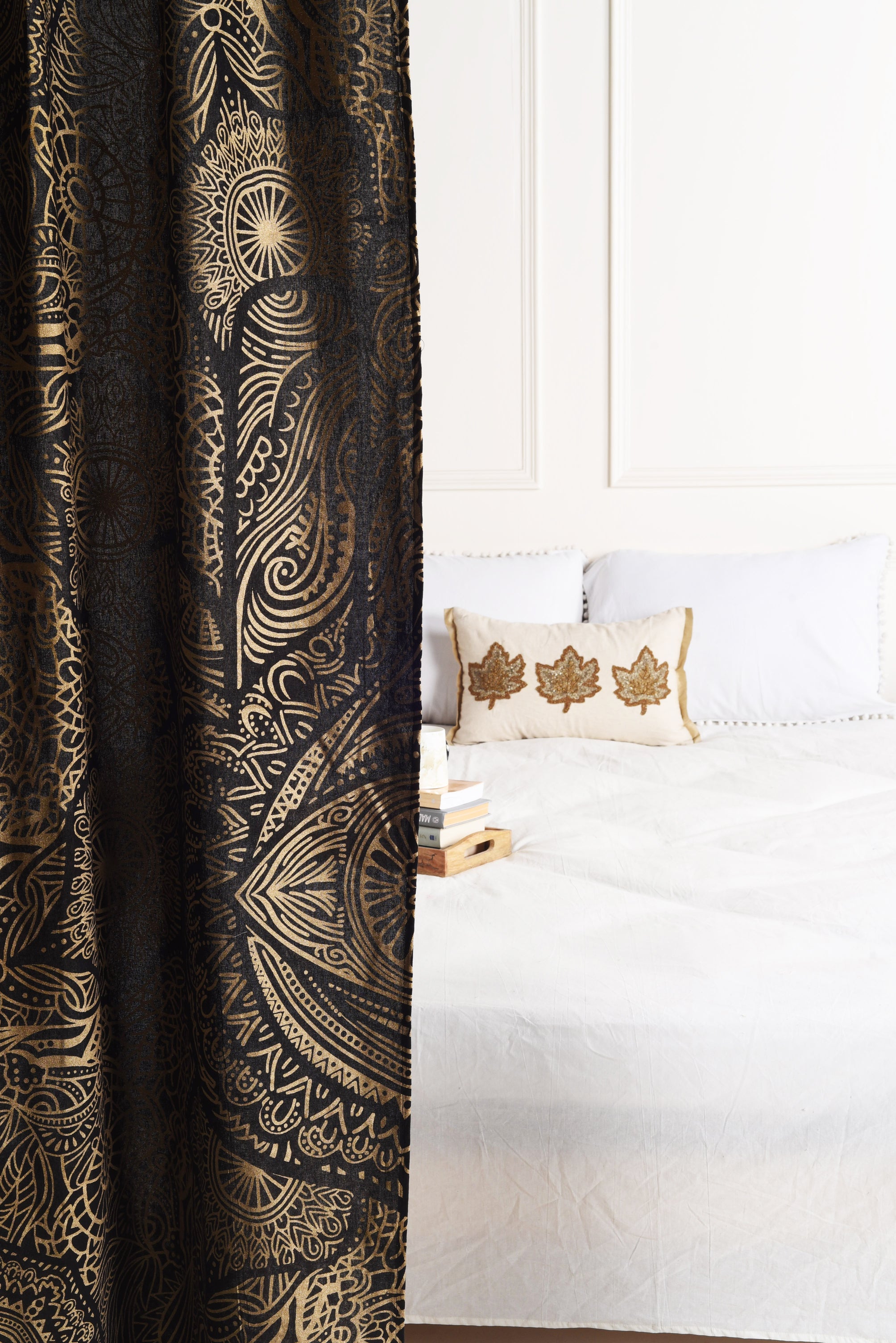 Black and Gold Abstract Pure Cotton Mandala Curtains - 2 Panel Set