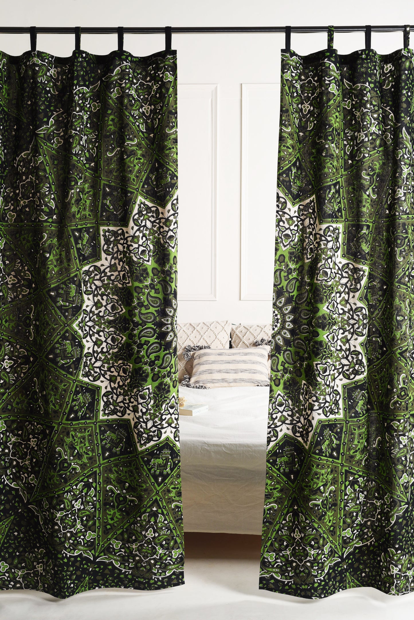 Green Lotus Pure Cotton Mandala Curtains - 2 Panel Set