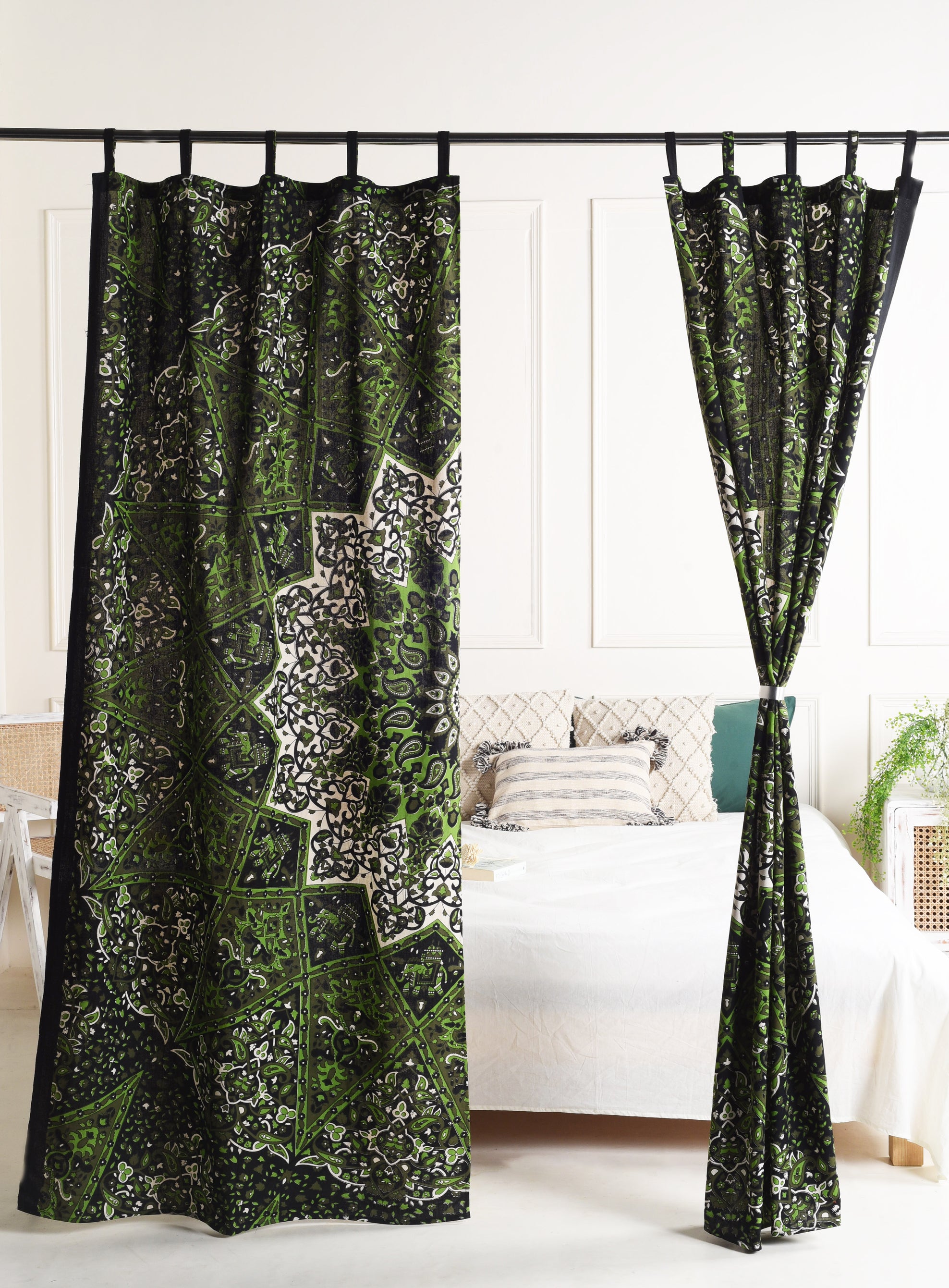 Green Lotus Pure Cotton Mandala Curtains - 2 Panel Set