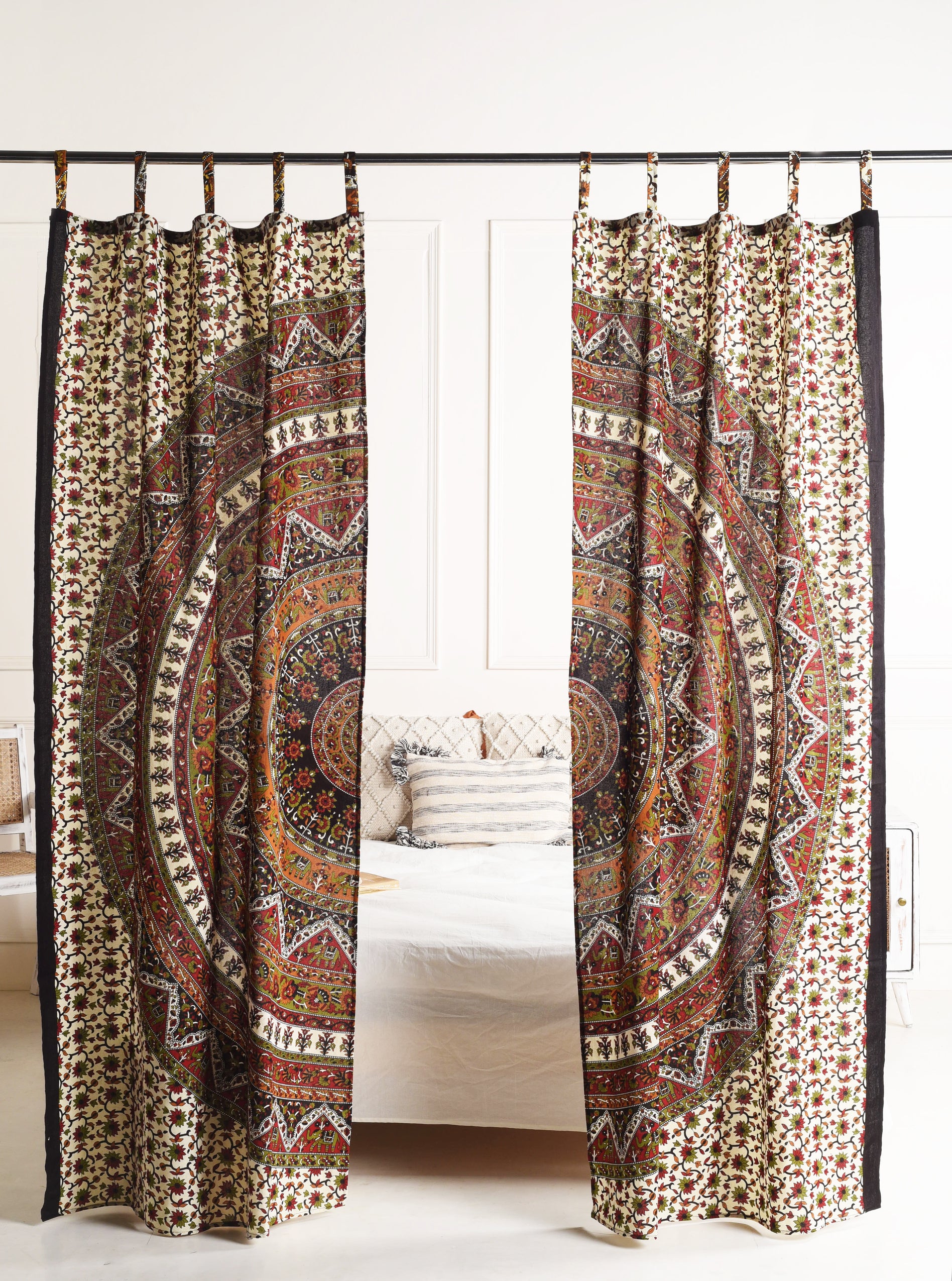 Beige Lotus Pure Cotton Mandala Curtains - 2 Panel Set