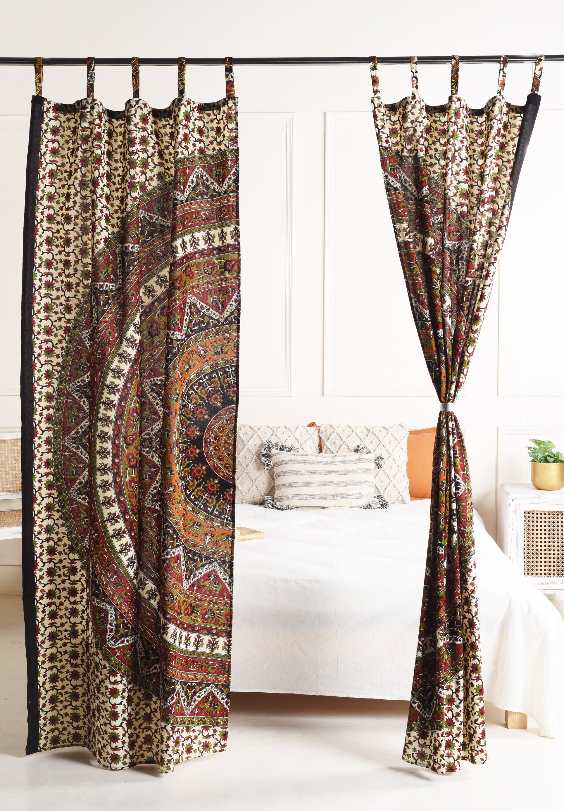 Beige Lotus Pure Cotton Mandala Curtains - 2 Panel Set