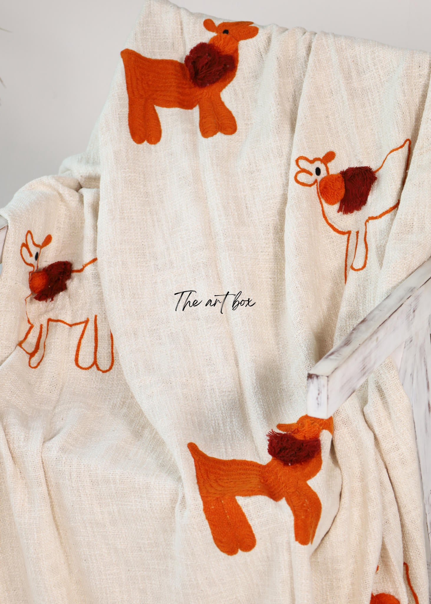 White & Orange Llama Tufted Embroidered Throw