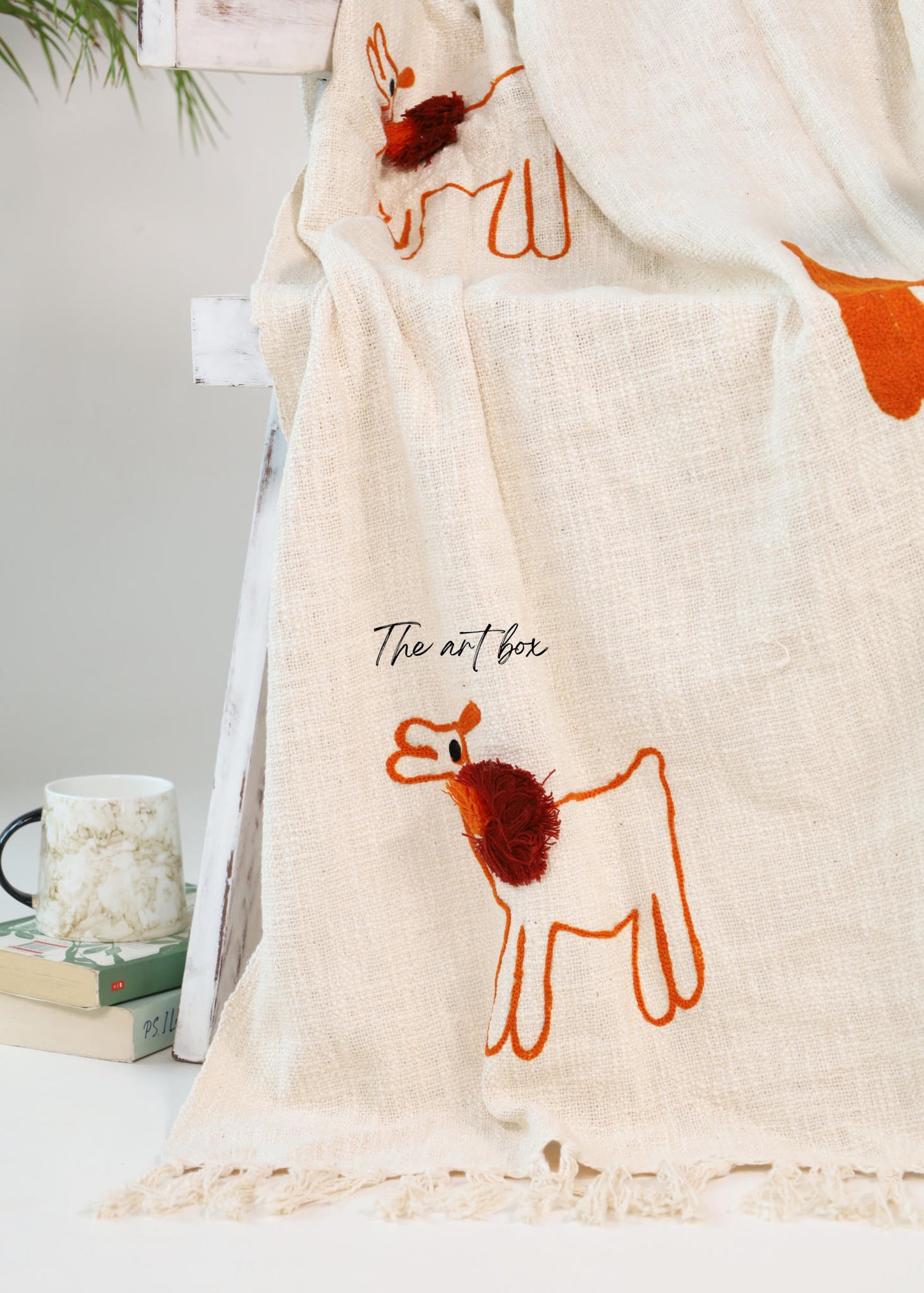 White & Orange Llama Tufted Embroidered Throw