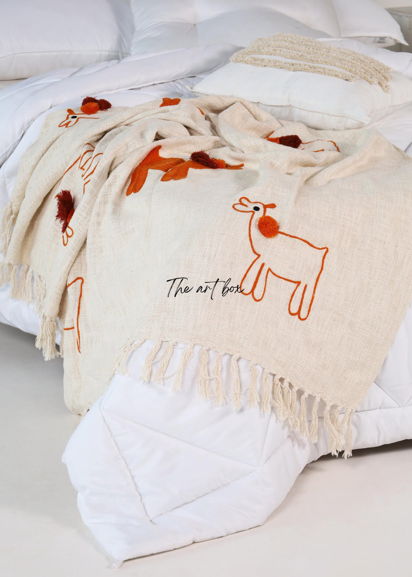 White & Orange Llama Tufted Embroidered Throw