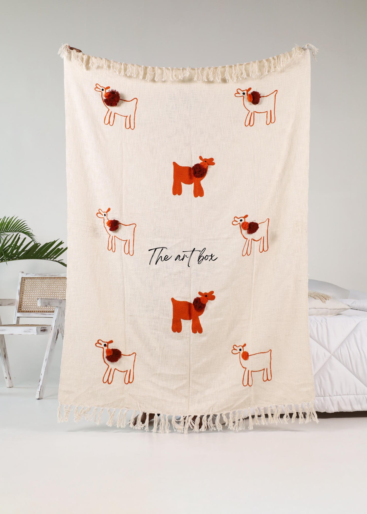 White & Orange Llama Tufted Embroidered Throw