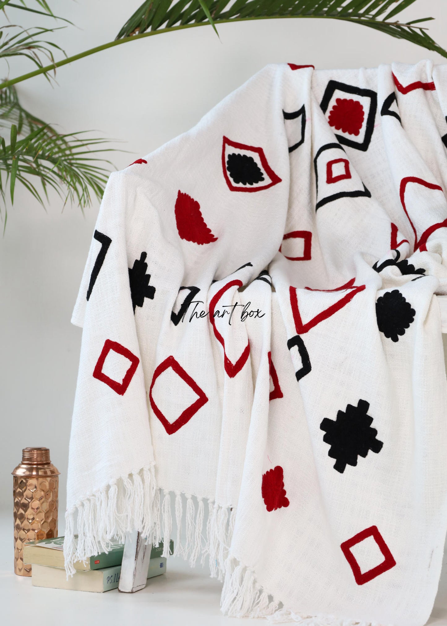 Black and Red Geometric Embroidered Throw