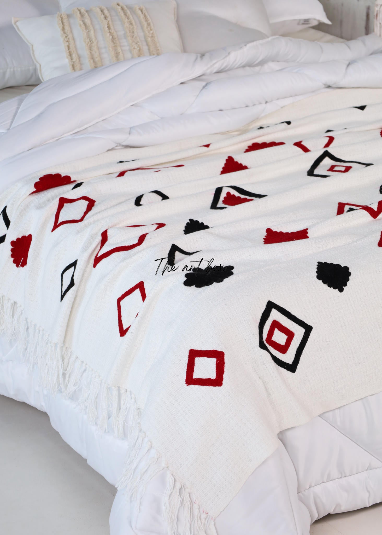 Black and Red Geometric Embroidered Throw