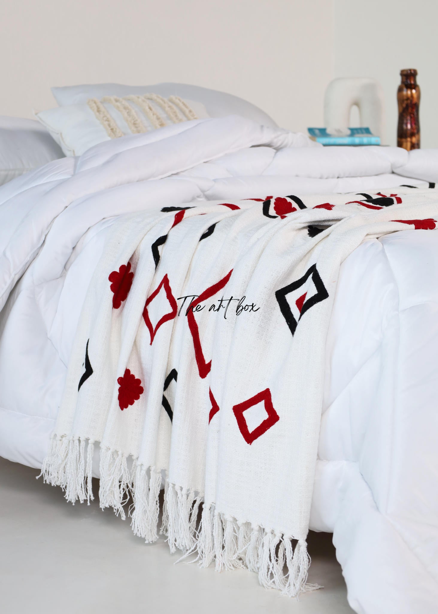 Black and Red Geometric Embroidered Throw