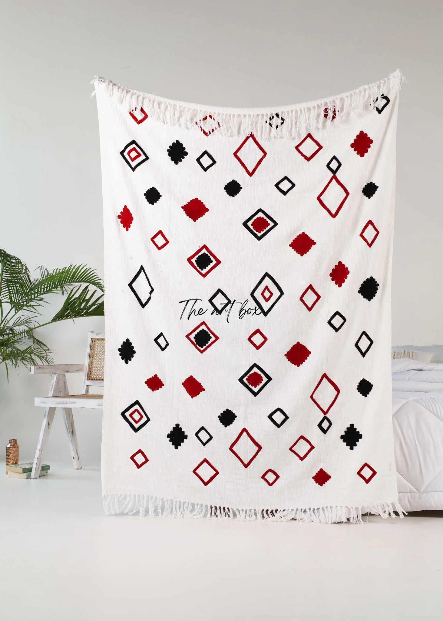 Black and Red Geometric Embroidered Throw