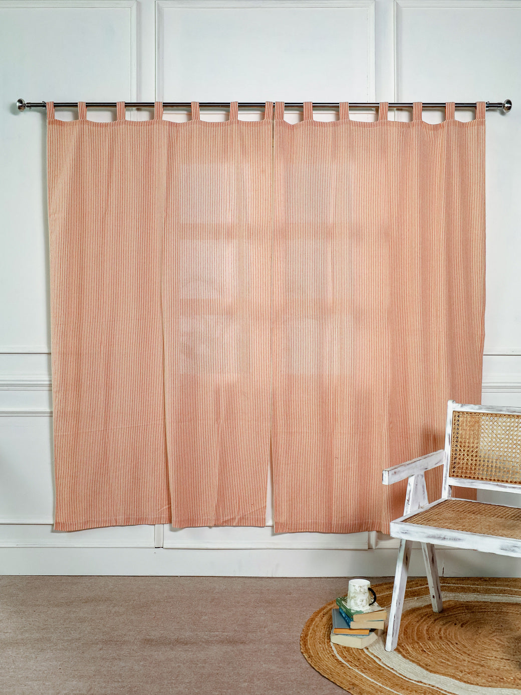 Linen Beige with Maroon Stripes Curtains- 2 Panel set