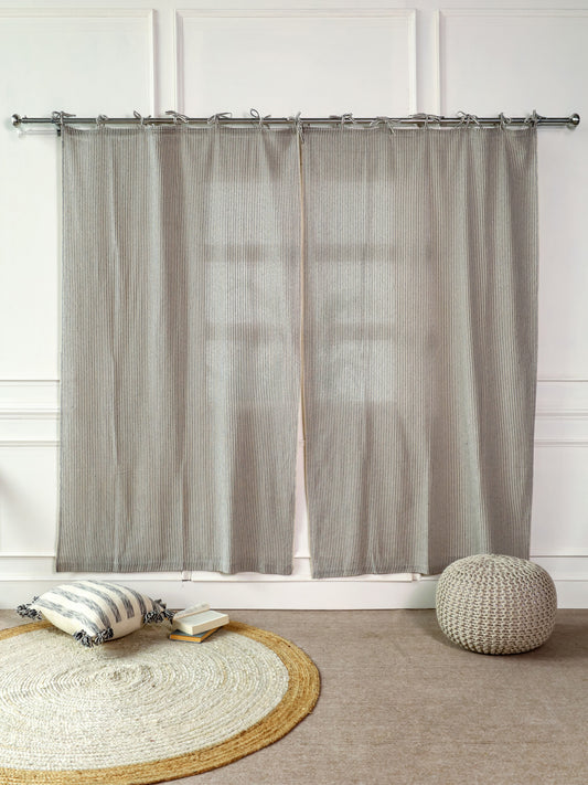 Linen Gauze Grey On Black Stripes Curtain - 2 Panel set