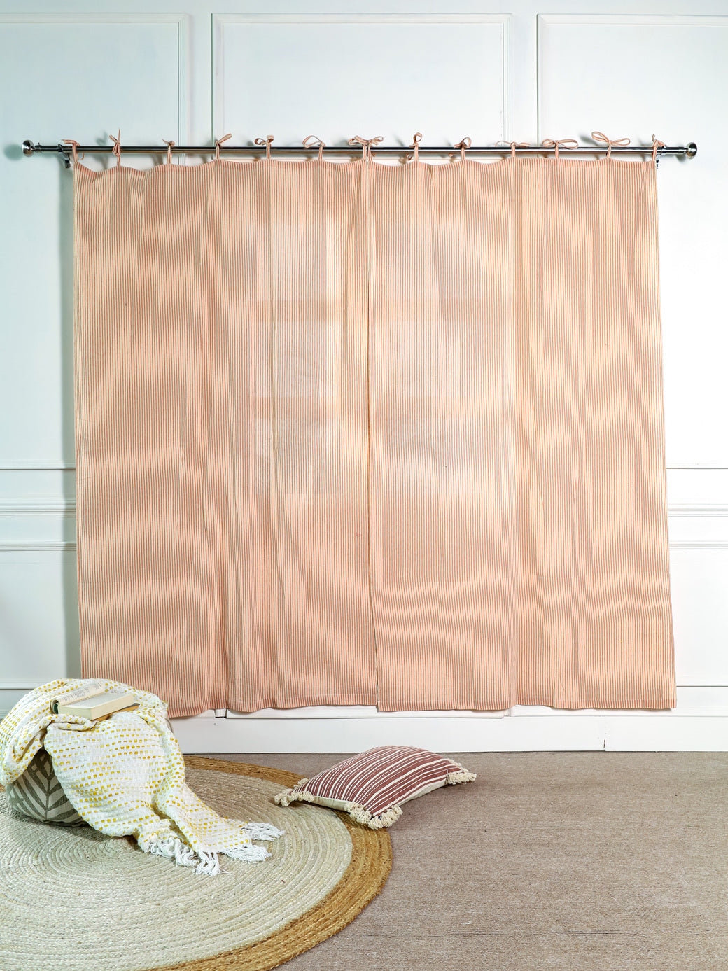 Linen Beige with Orange Stripes Curtain - 2 Panel set