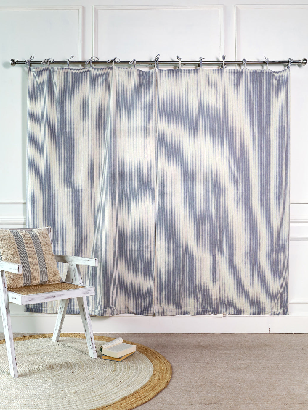 Linen Beige with Blue Stripes Curtains - 2 Panel set
