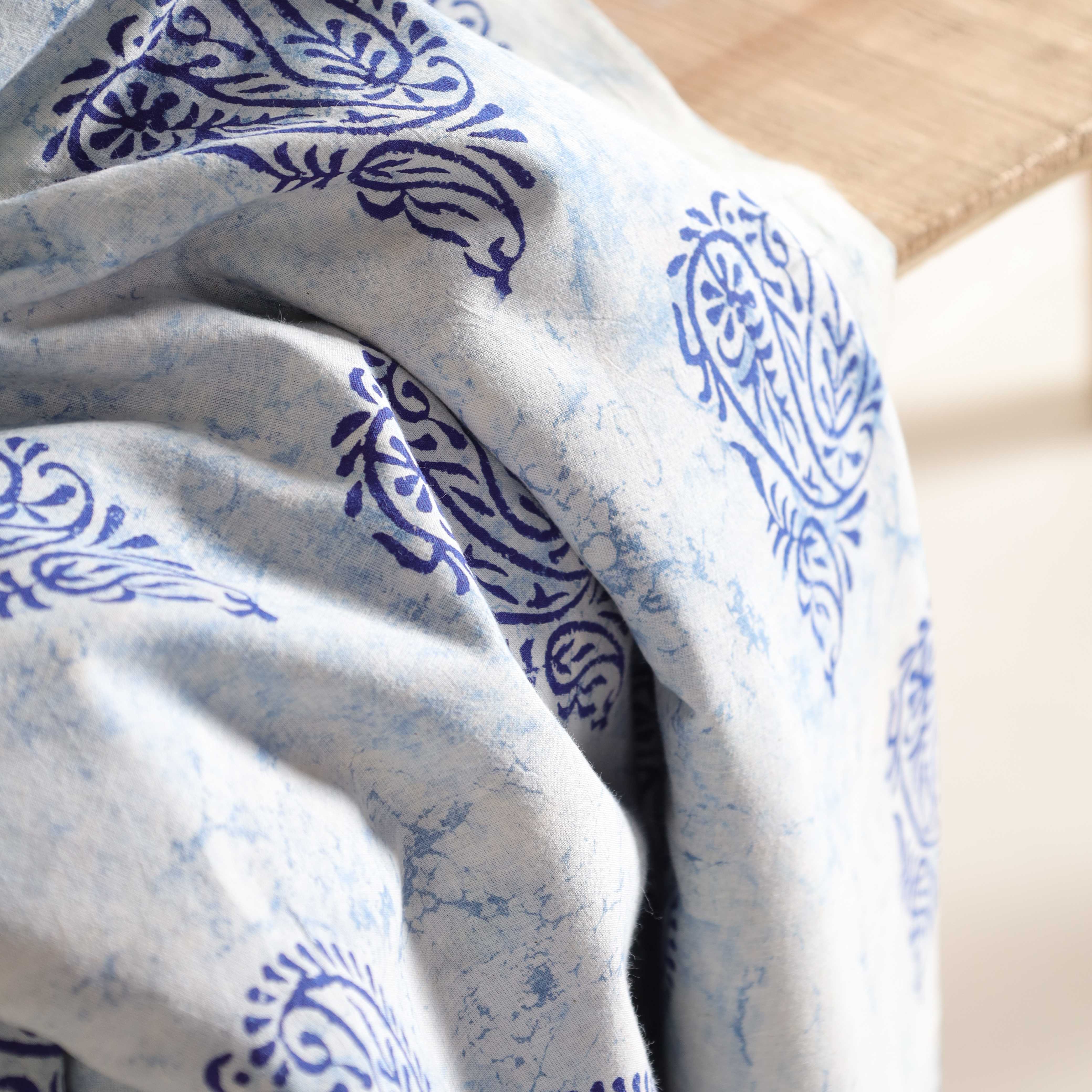 (1 Yard) Artisanal Indigo Paisley Hand-Block Printed Cotton Fabric - 42" Width