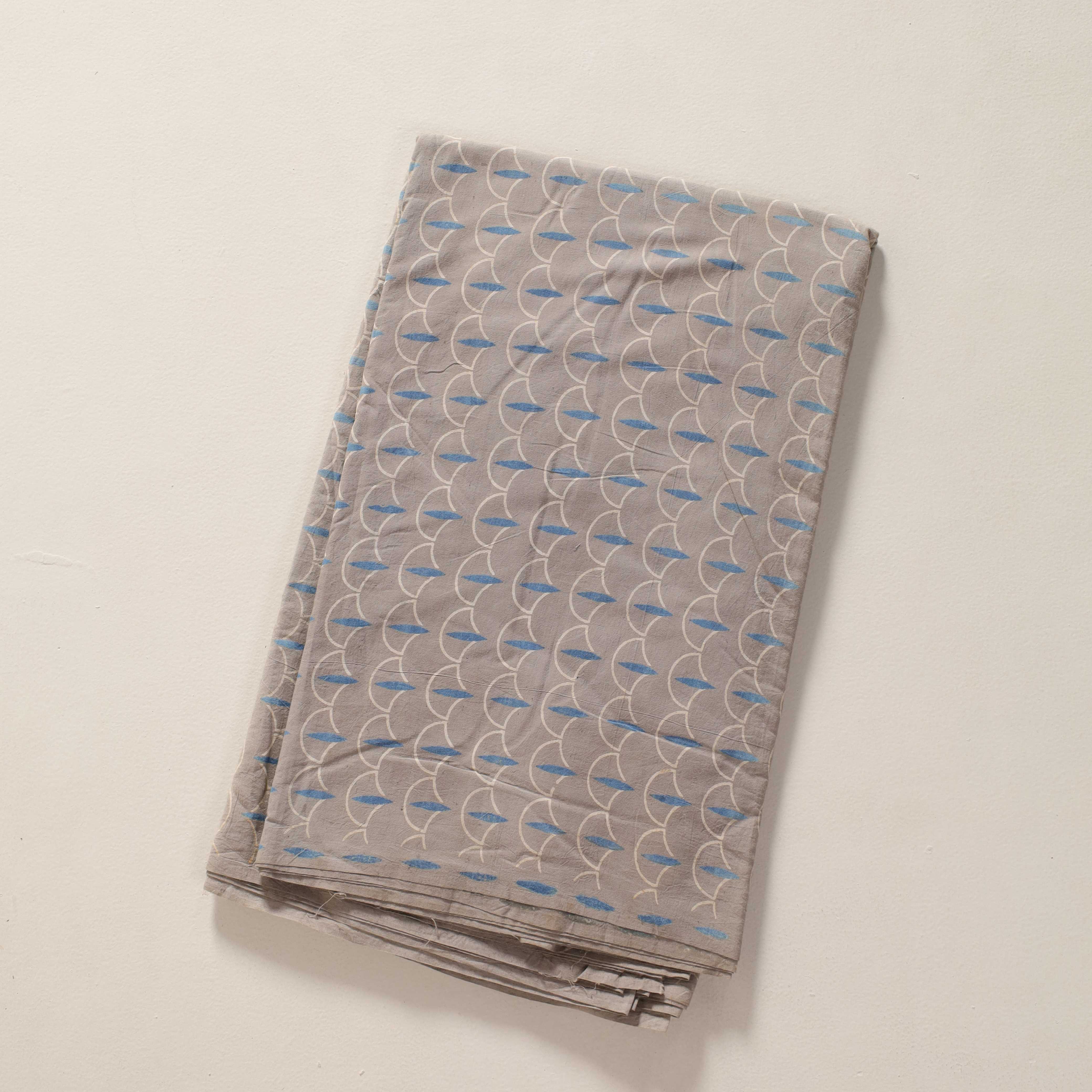 (1 Yard) Artisanal Geometric Wave Hand-Block Print Cotton - Taupe & Indigo - 42" Width