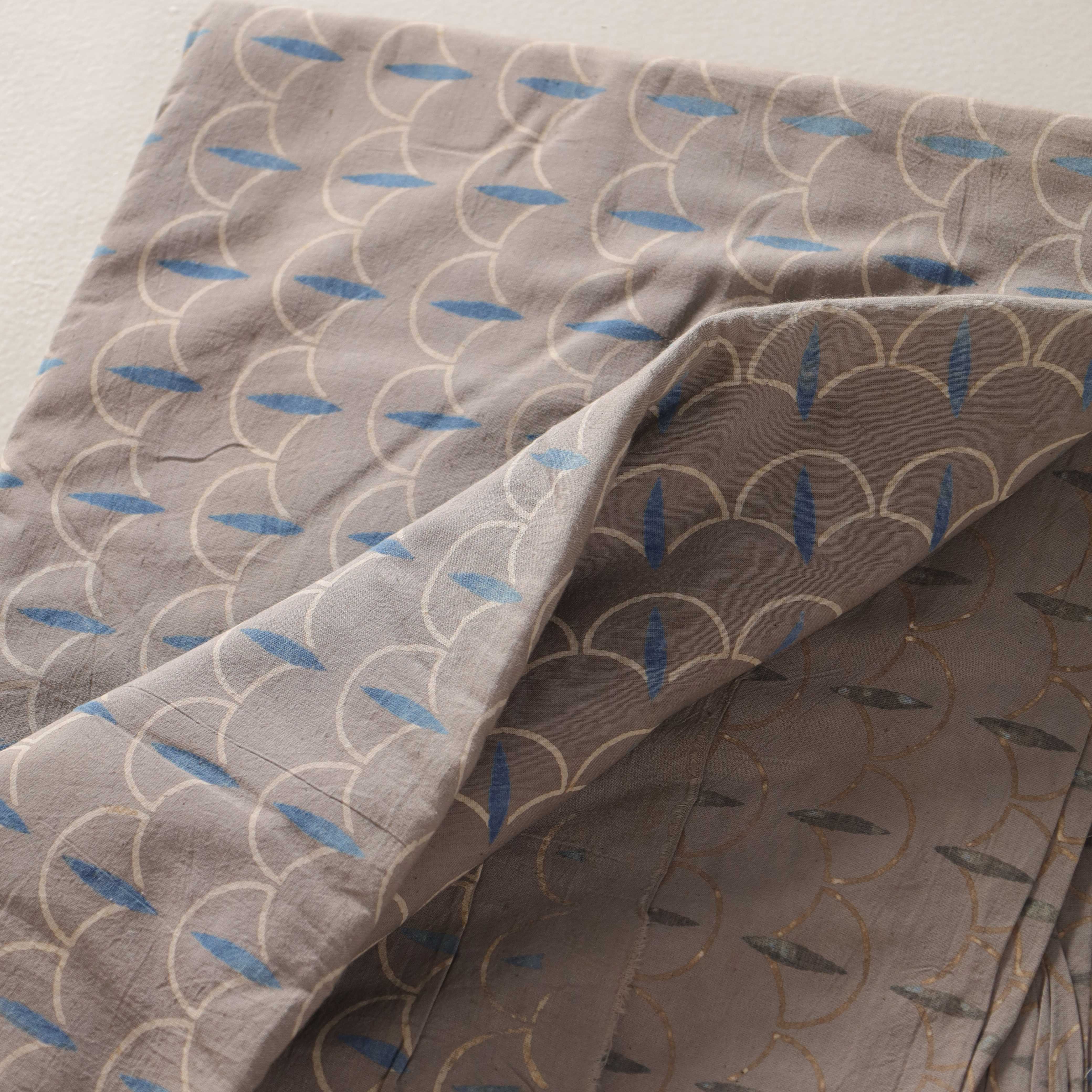 (1 Yard) Artisanal Geometric Wave Hand-Block Print Cotton - Taupe & Indigo - 42" Width