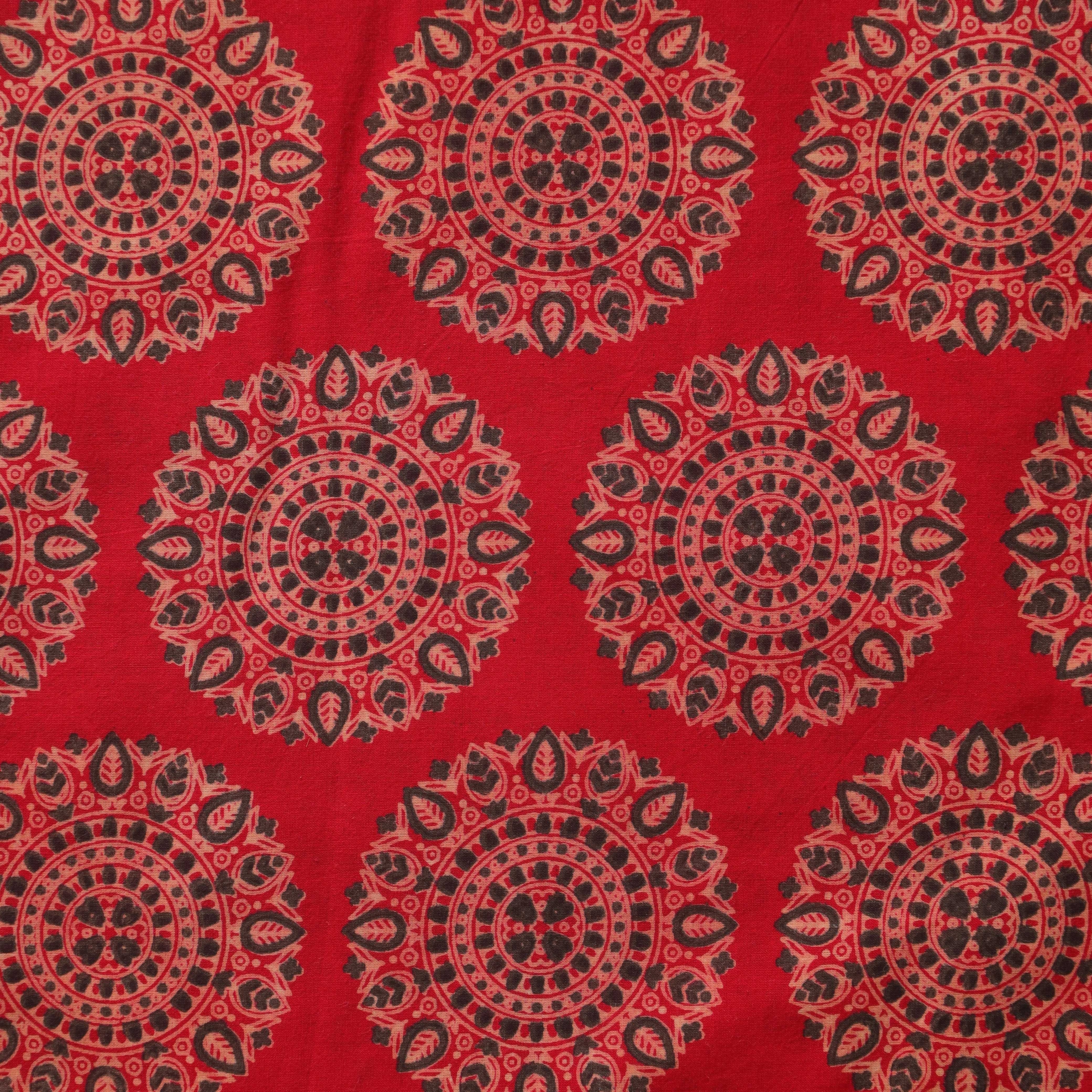 (1 Yard) Artisanal Crimson Mandala Hand-Block Printed Cotton Fabric