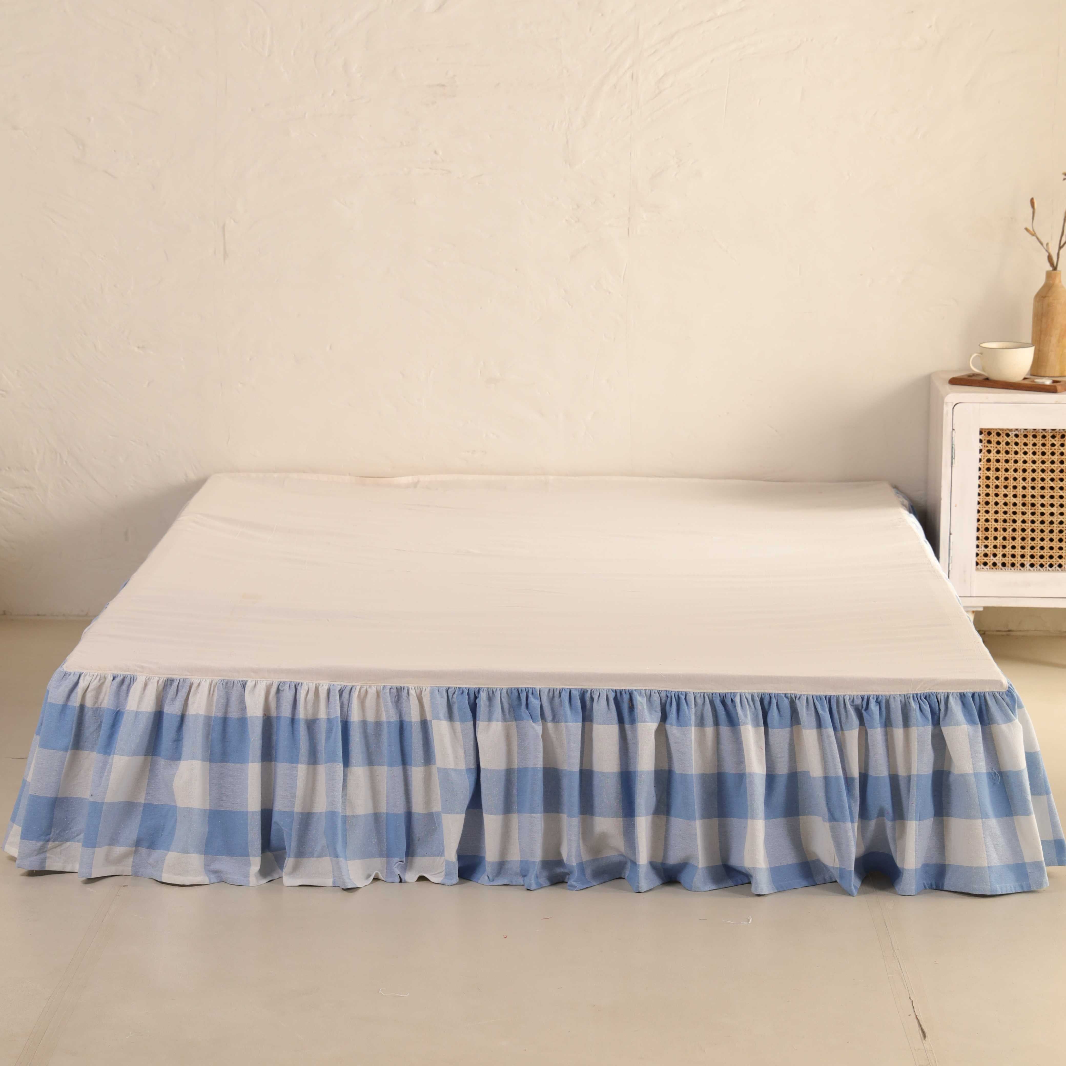Azure Breeze Ruffled Bedskirt – Luxury Gingham Bed Valance & Soft Dust Ruffle