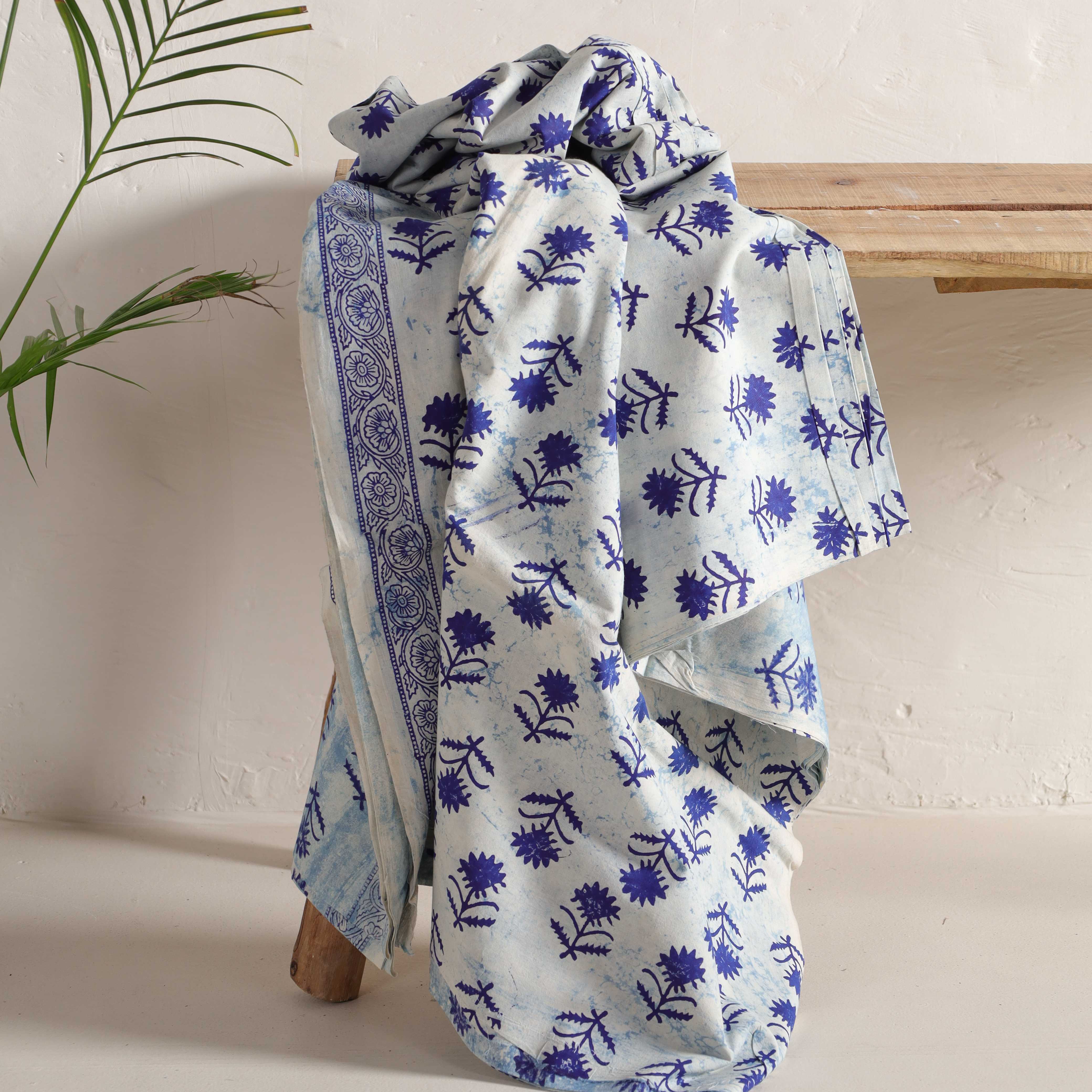(1 Yard) Indigo Floral Vine Hand-Block Printed Cotton Fabric – 42" Width